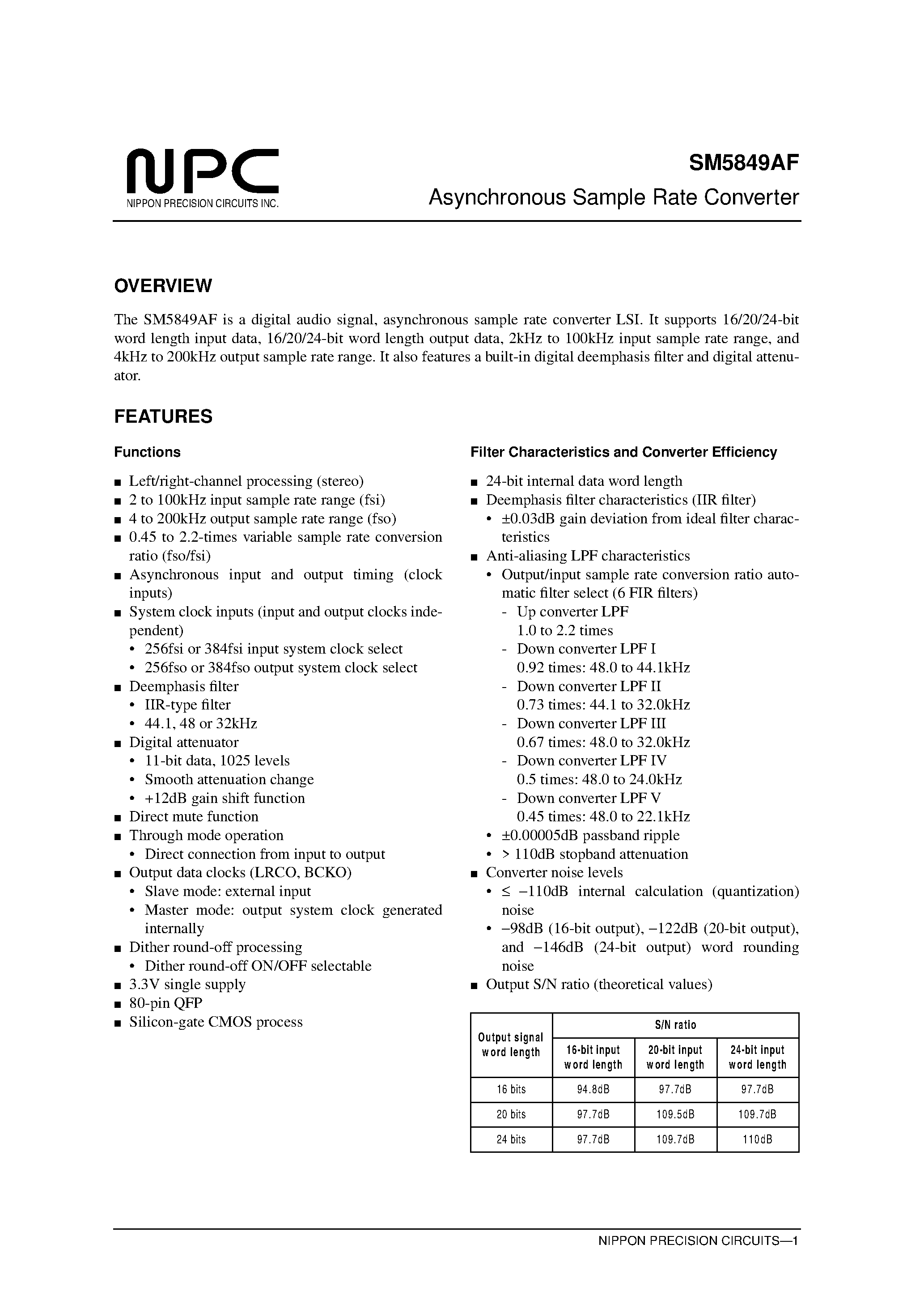 Datasheet SM5849 page 1 Datasheet SM5849 - Asynchronous Sample Rate Converter page 1