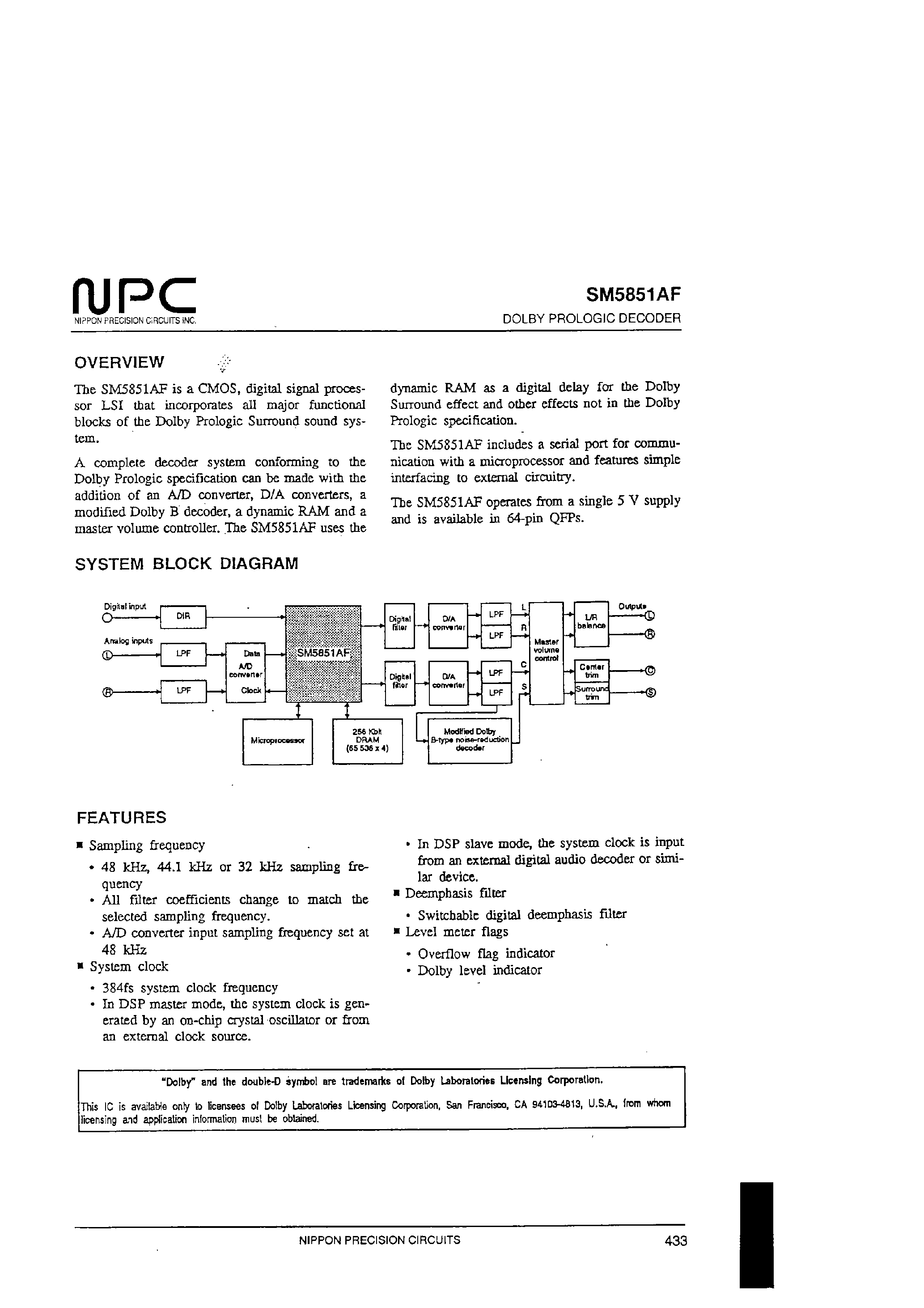 Datasheet SM5851AF page 1 Datasheet SM5851AF - DOLBY PROLOGIC DECODER page 1