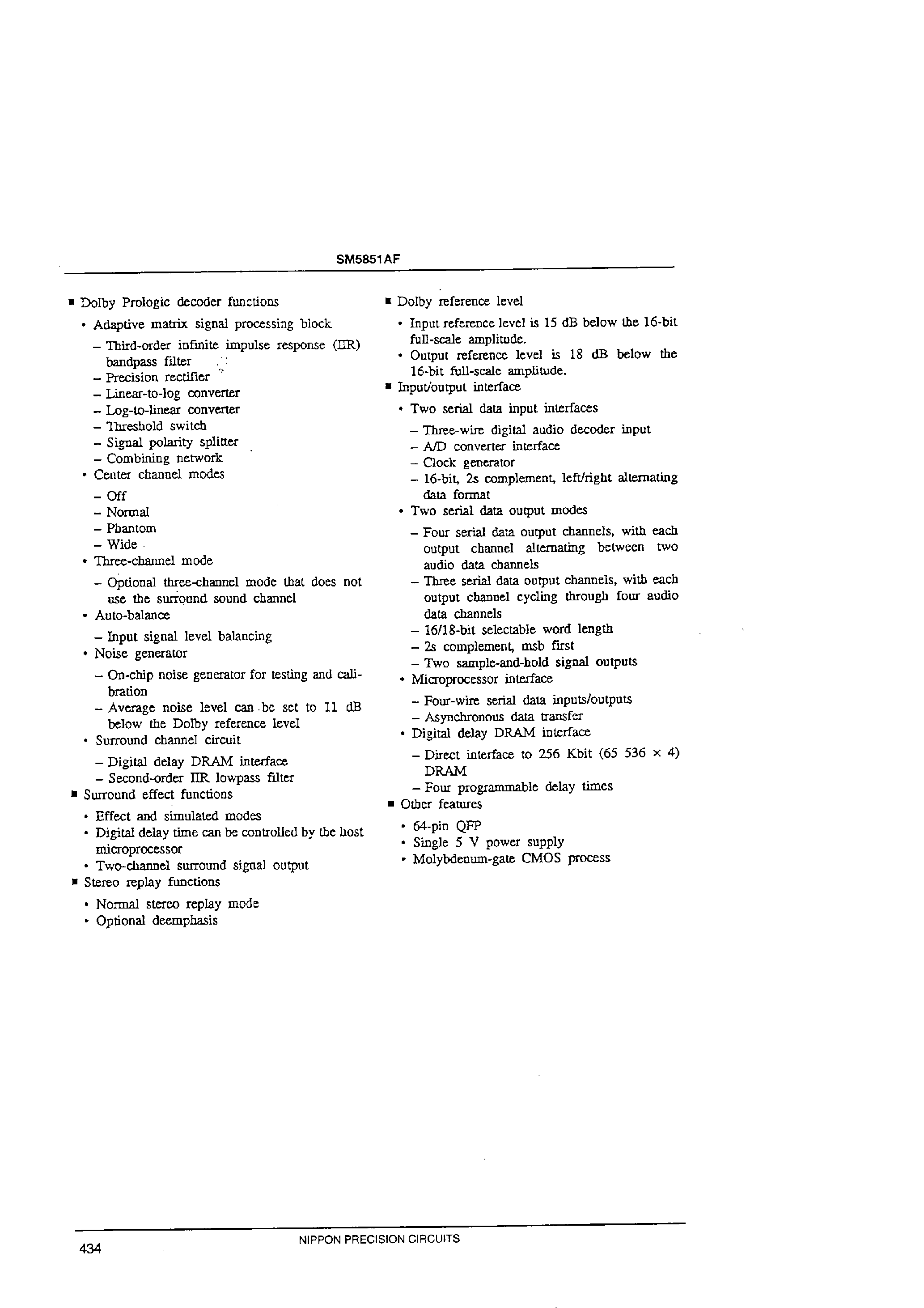 Datasheet SM5851AF page 2 Datasheet SM5851AF - DOLBY PROLOGIC DECODER page 2
