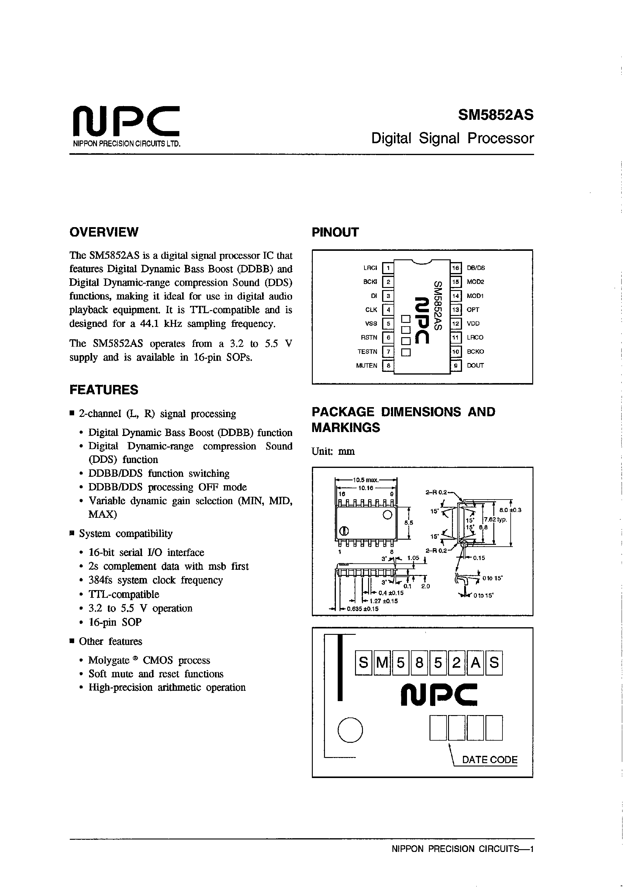 Datasheet SM5852AS page 1 Datasheet SM5852AS - Digital Signal Processor page 1