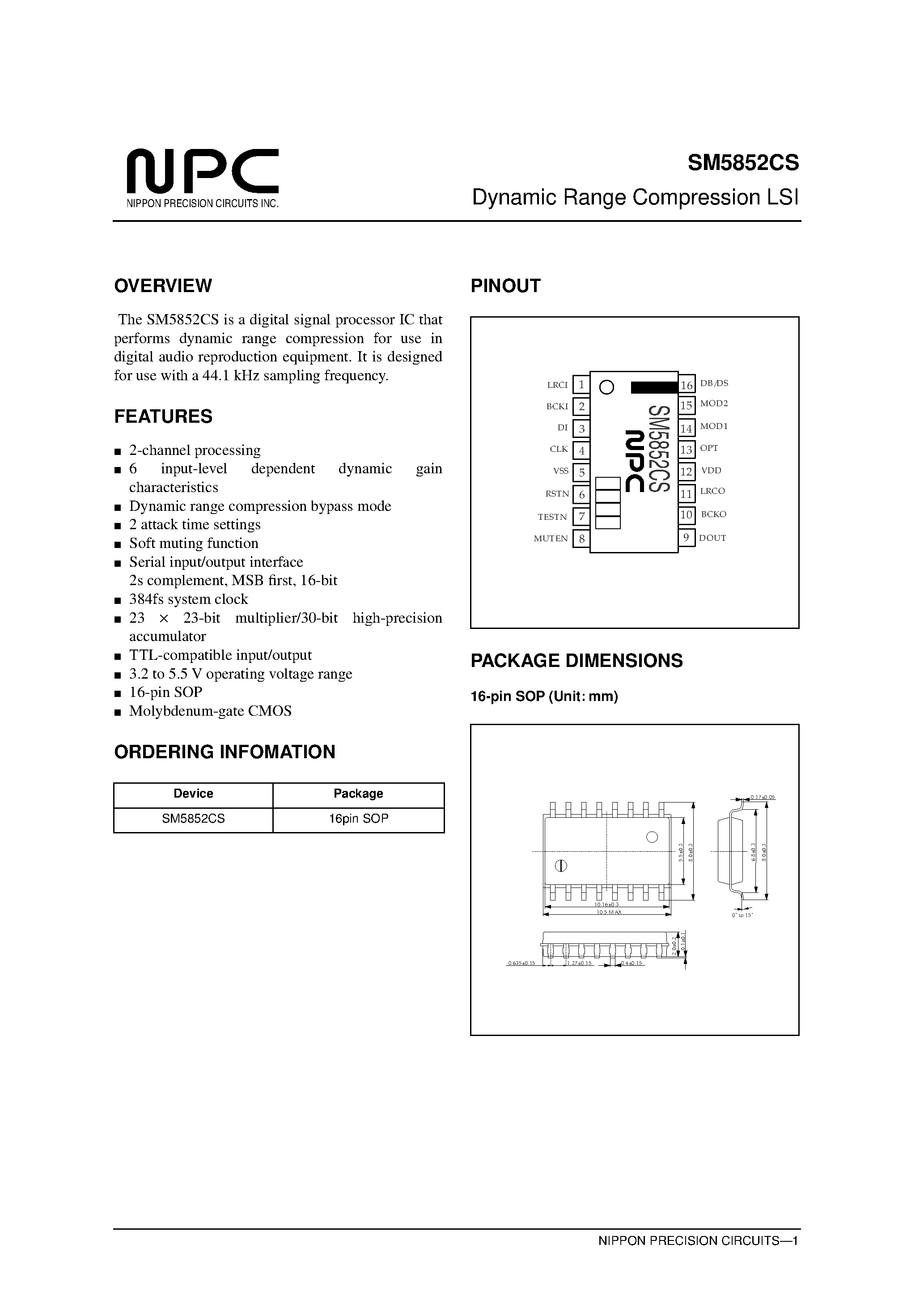 Datasheet SM5852CS page 1 Datasheet SM5852CS - Dynamic Range Compression LSI page 1