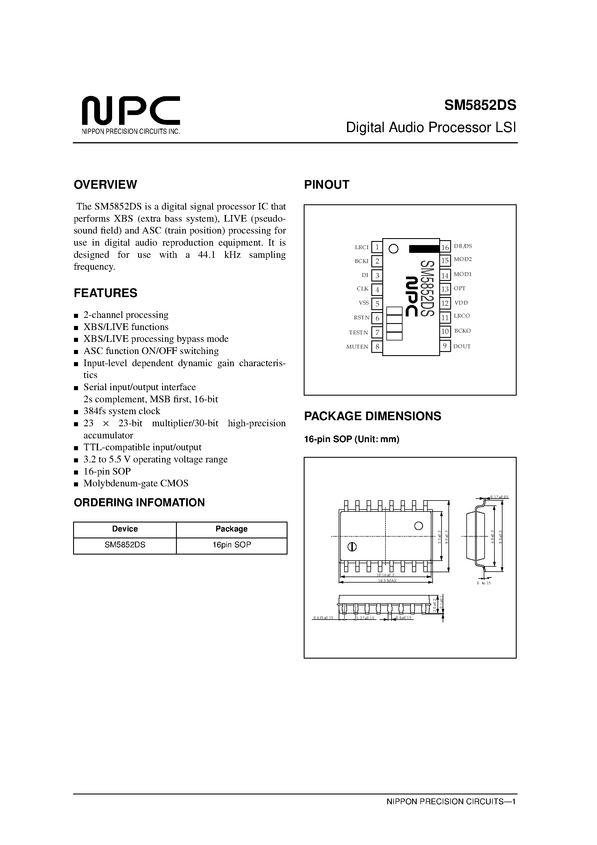 Datasheet SM5852DS page 1 Datasheet SM5852DS - Digital Audio Processor LSI page 1