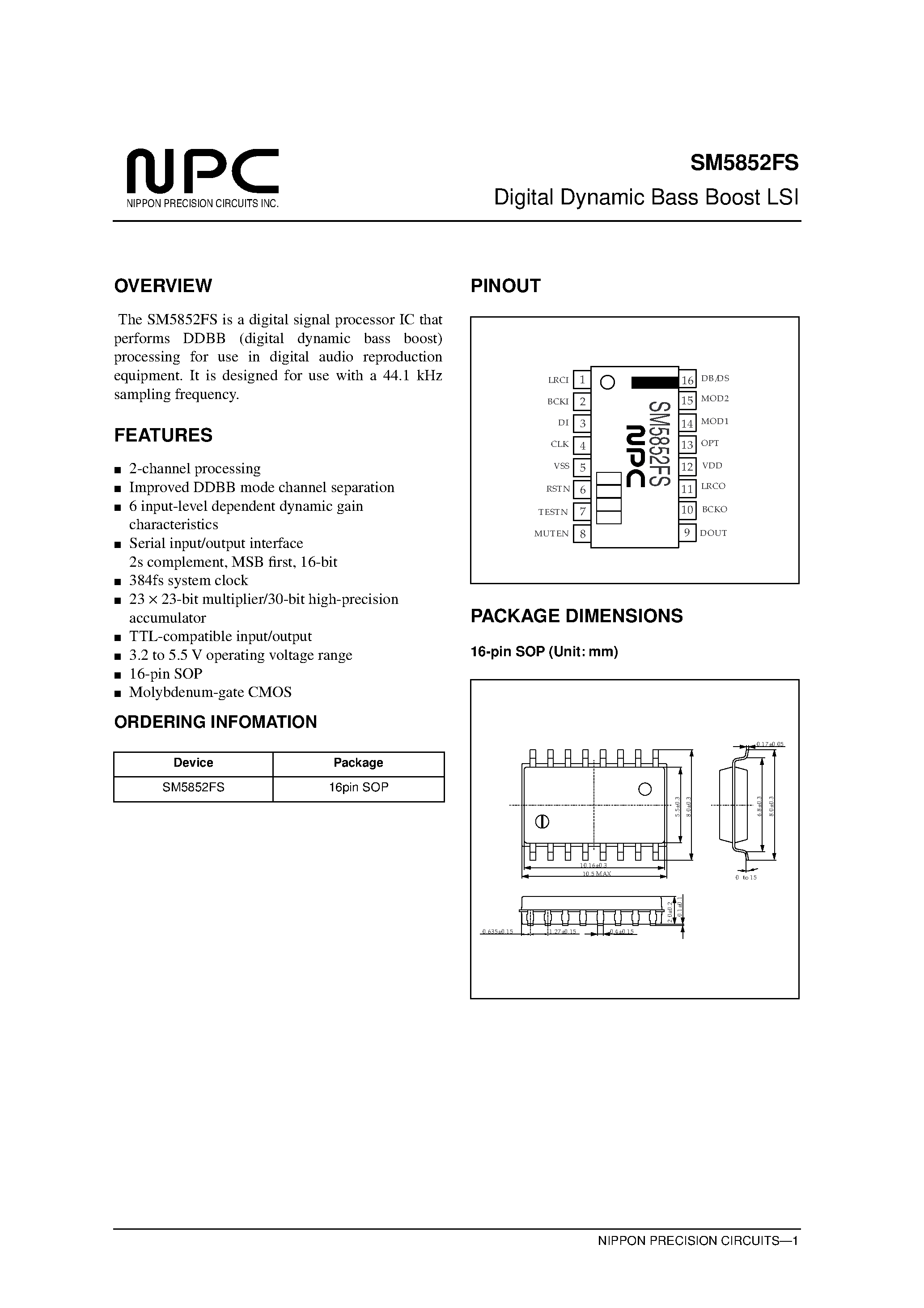 Datasheet SM5852FS page 1 Datasheet SM5852FS - Digital Dynamic Bass Boost LSI page 1