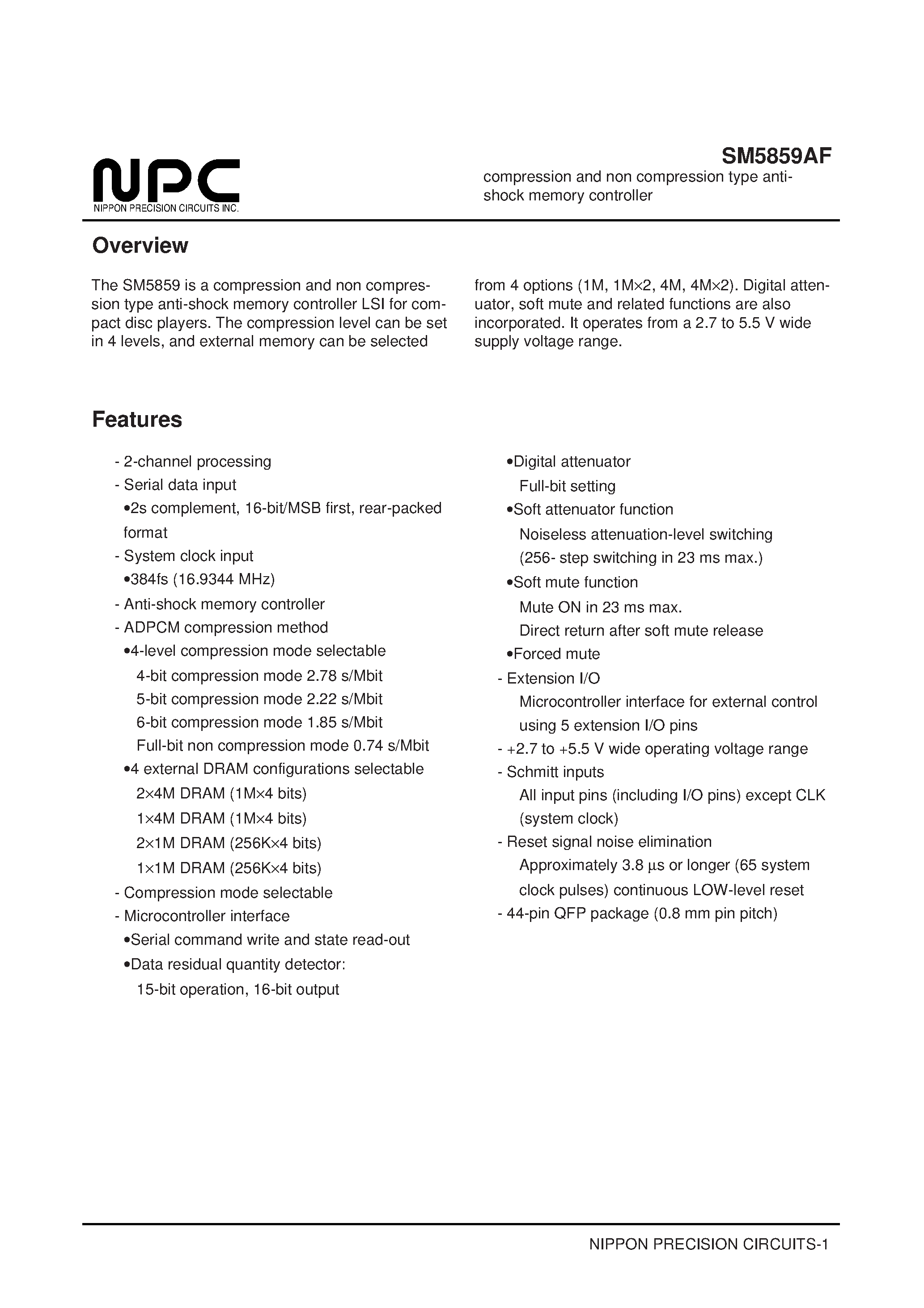 Datasheet SM5859AF page 1 Datasheet SM5859AF - compression and non compression type antishock memory controller page 1