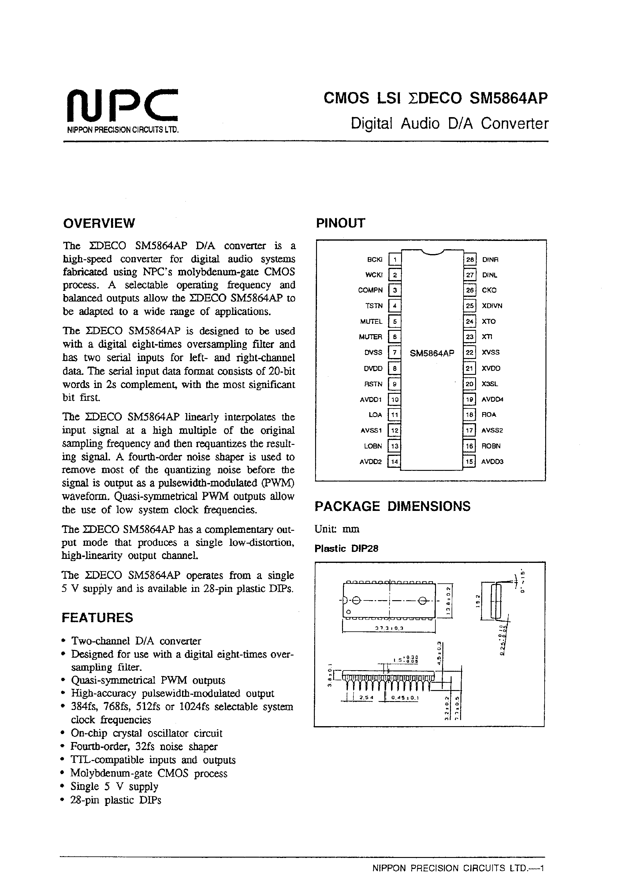 Datasheet SM5864AP page 1 Datasheet SM5864AP - Digital Audio D/A Converter page 1