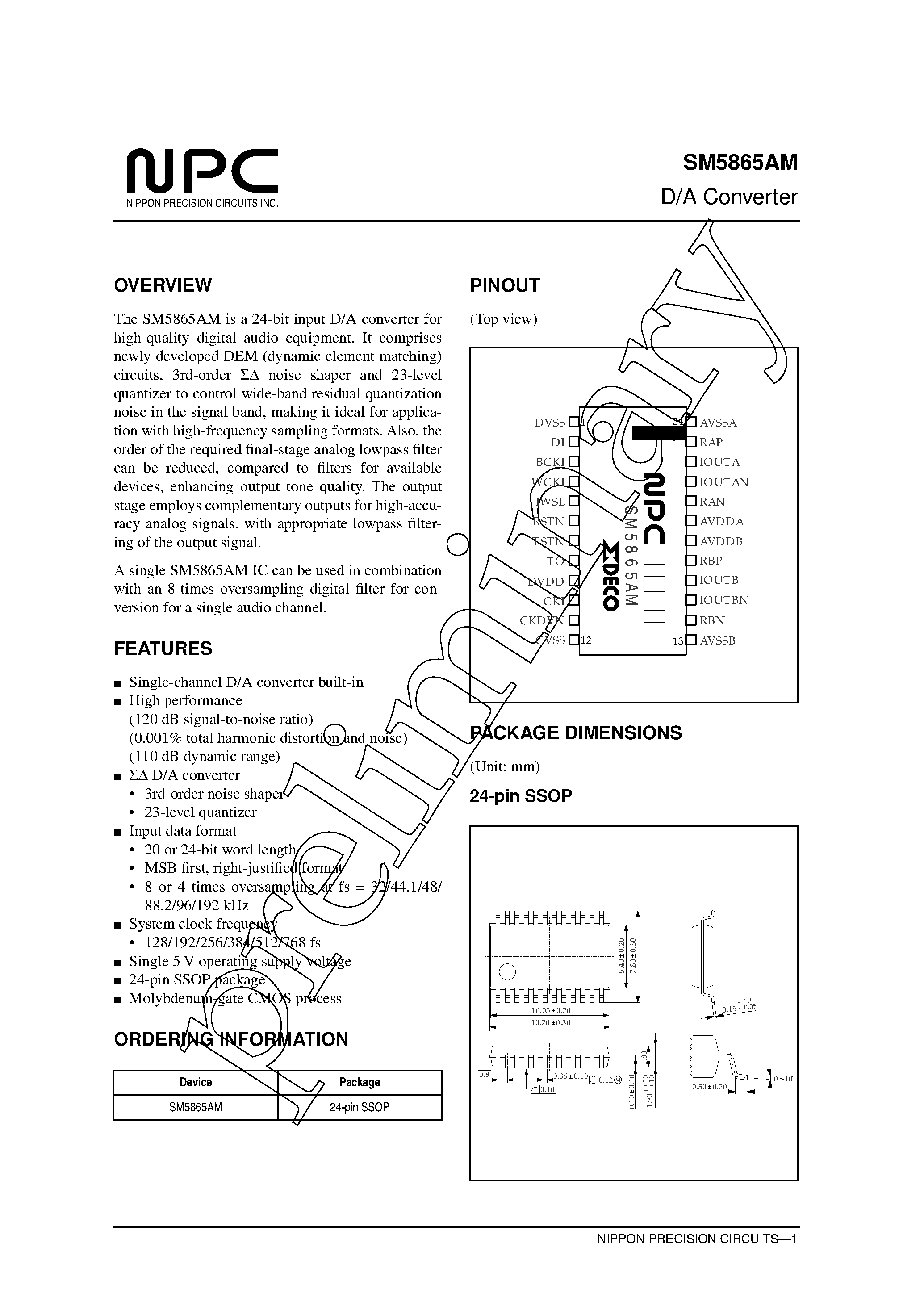Datasheet SM5865AM page 1 Datasheet SM5865AM - D/A Converter page 1