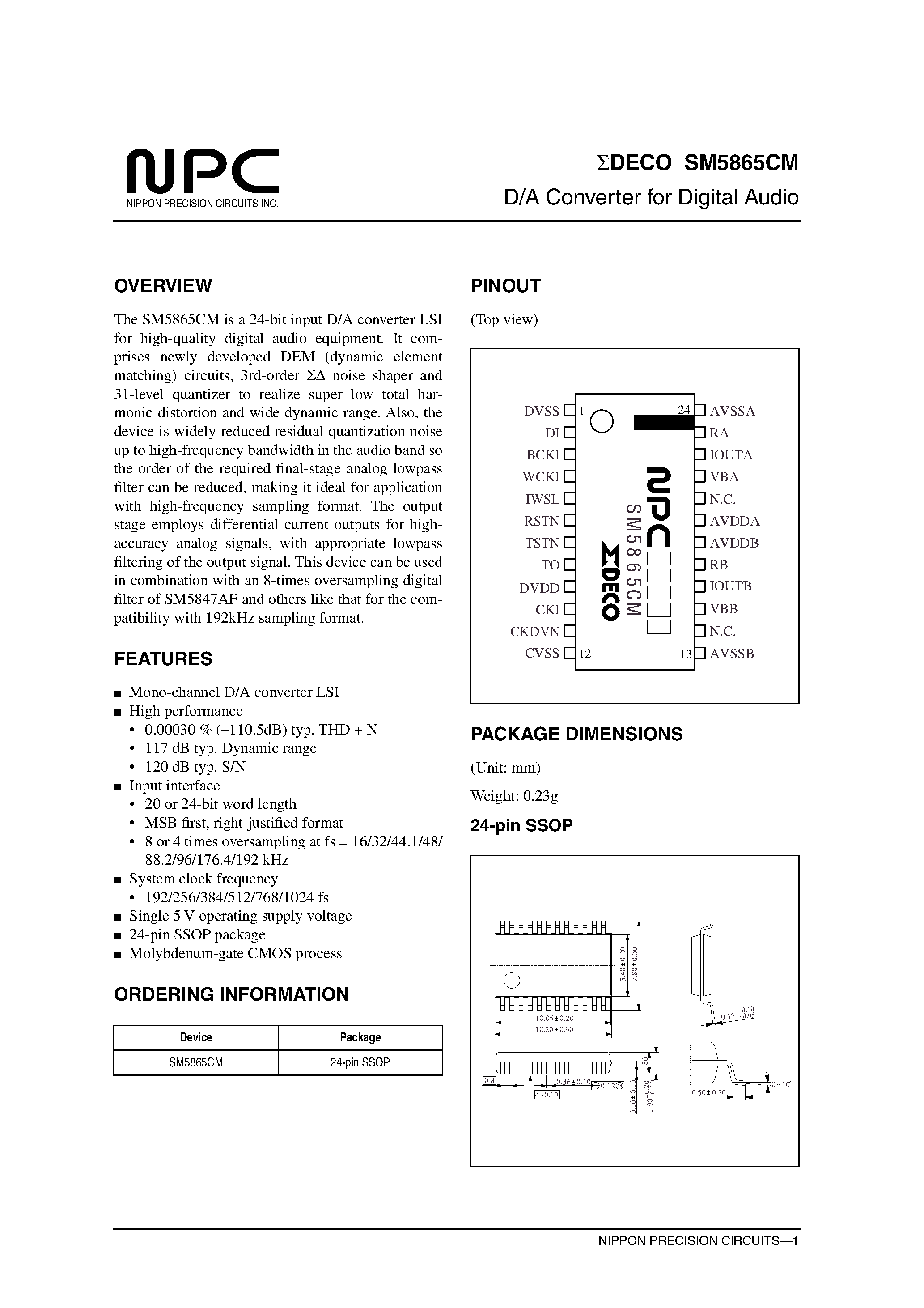 Datasheet SM5865CM page 1 Datasheet SM5865CM - D/A Converter for Digital Audio page 1