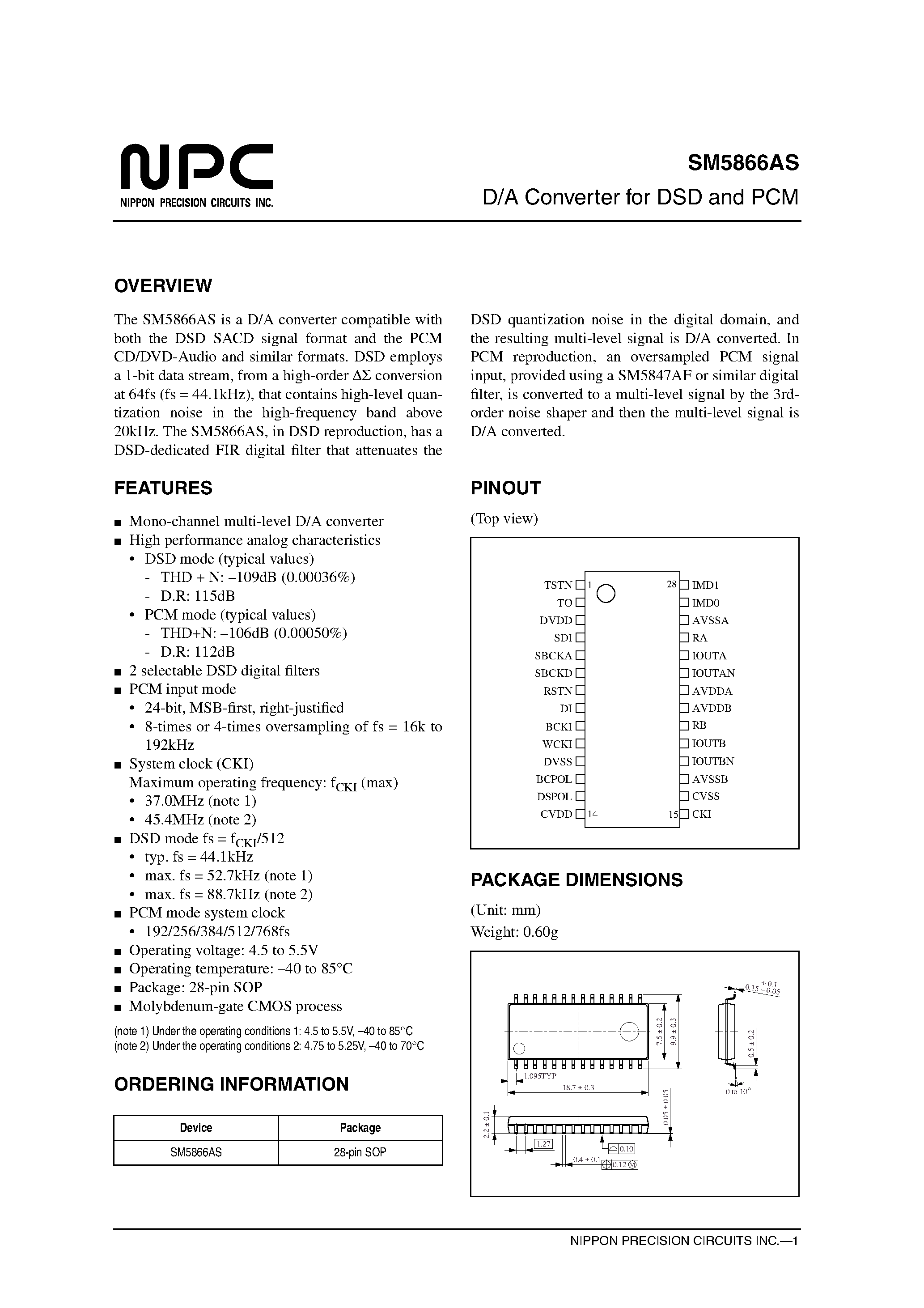 Datasheet SM5866AS page 1 Datasheet SM5866AS - D/A Converter for DSD and PCM page 1