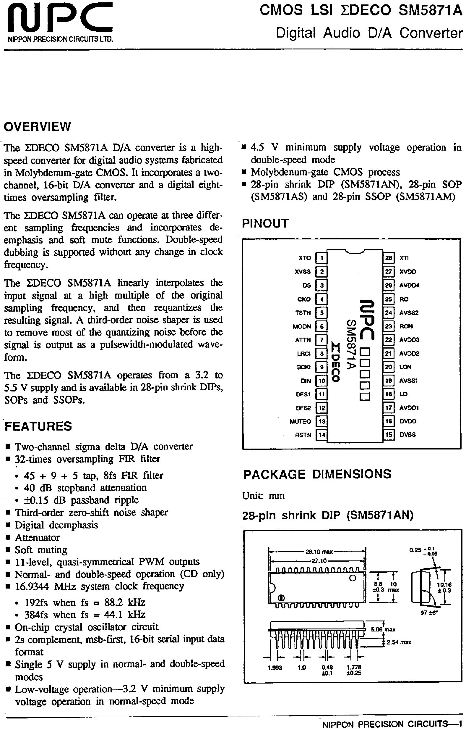 Datasheet SM5871A page 1 Datasheet SM5871A - CMOS LSI(Digital Audio D/A Converter) page 1