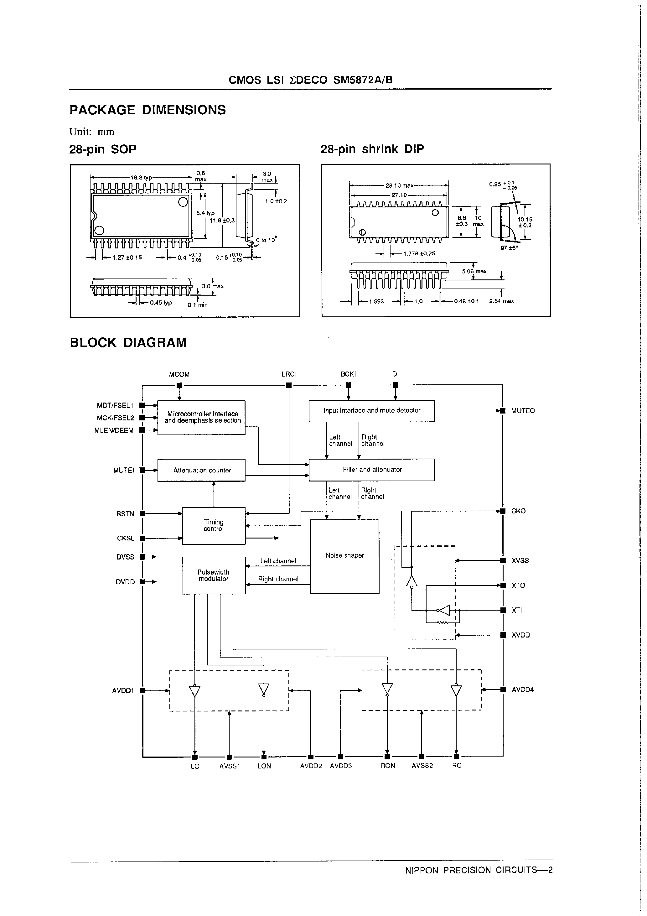 Datasheet SM5872A page 2 Datasheet SM5872A - CMOS LSI(Digital D/A Converters with Built-in Digital Filters page 2