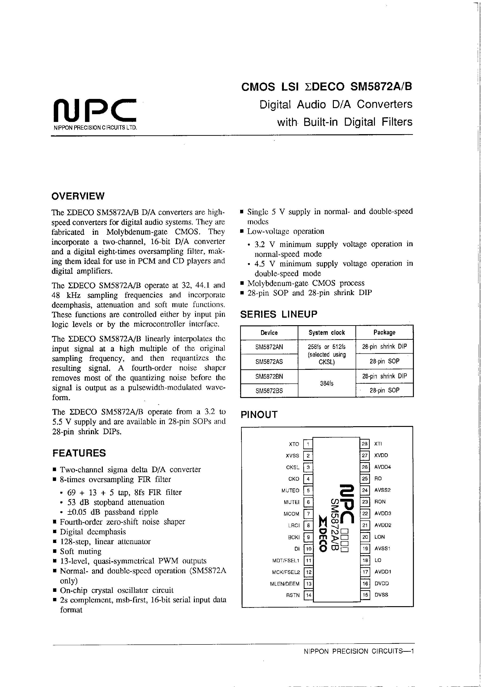Datasheet SM5872BS page 1 Datasheet SM5872BS - CMOS LSI(Digital D/A Converters with Built-in Digital Filters page 1