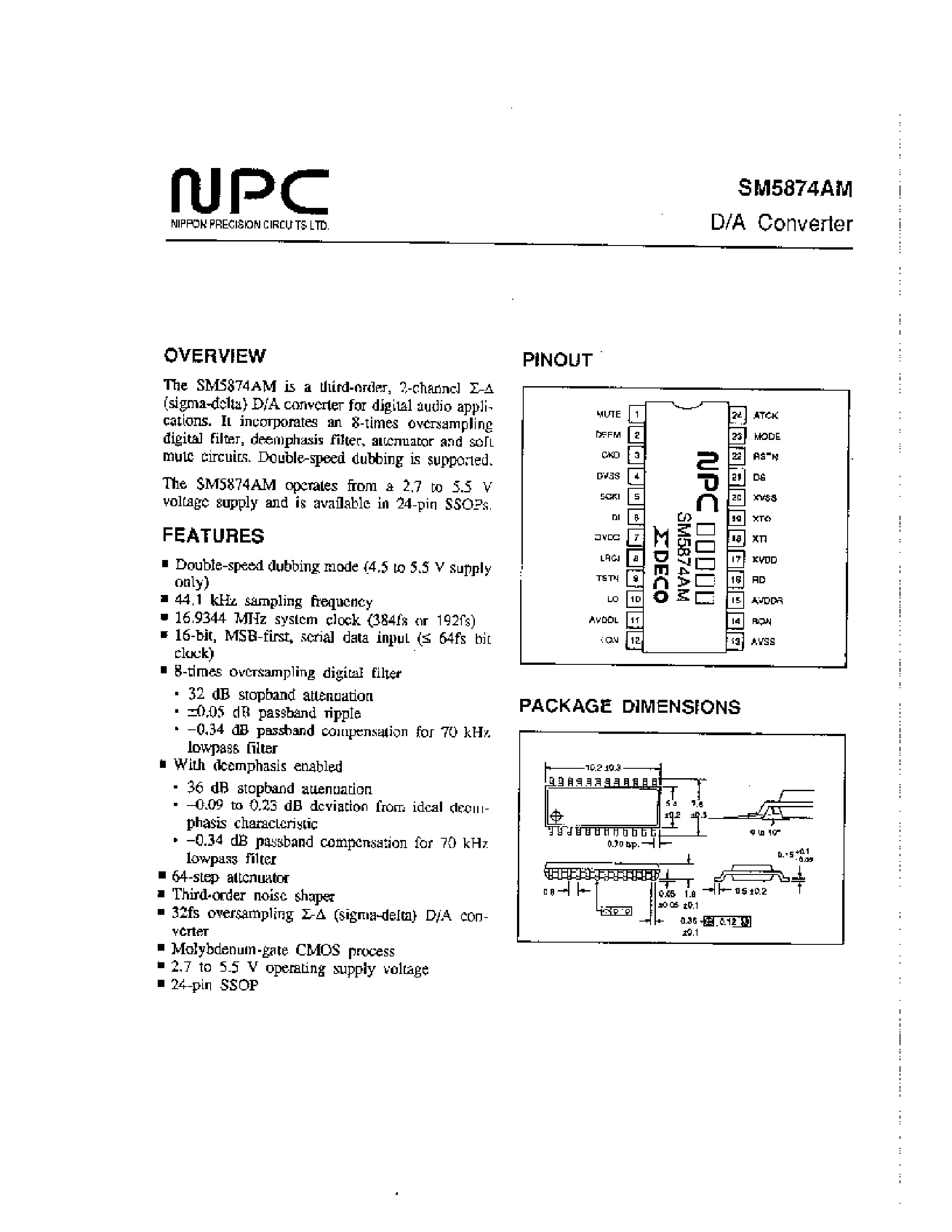 Datasheet SM5874AM page 1 Datasheet SM5874AM - D/A Converter page 1