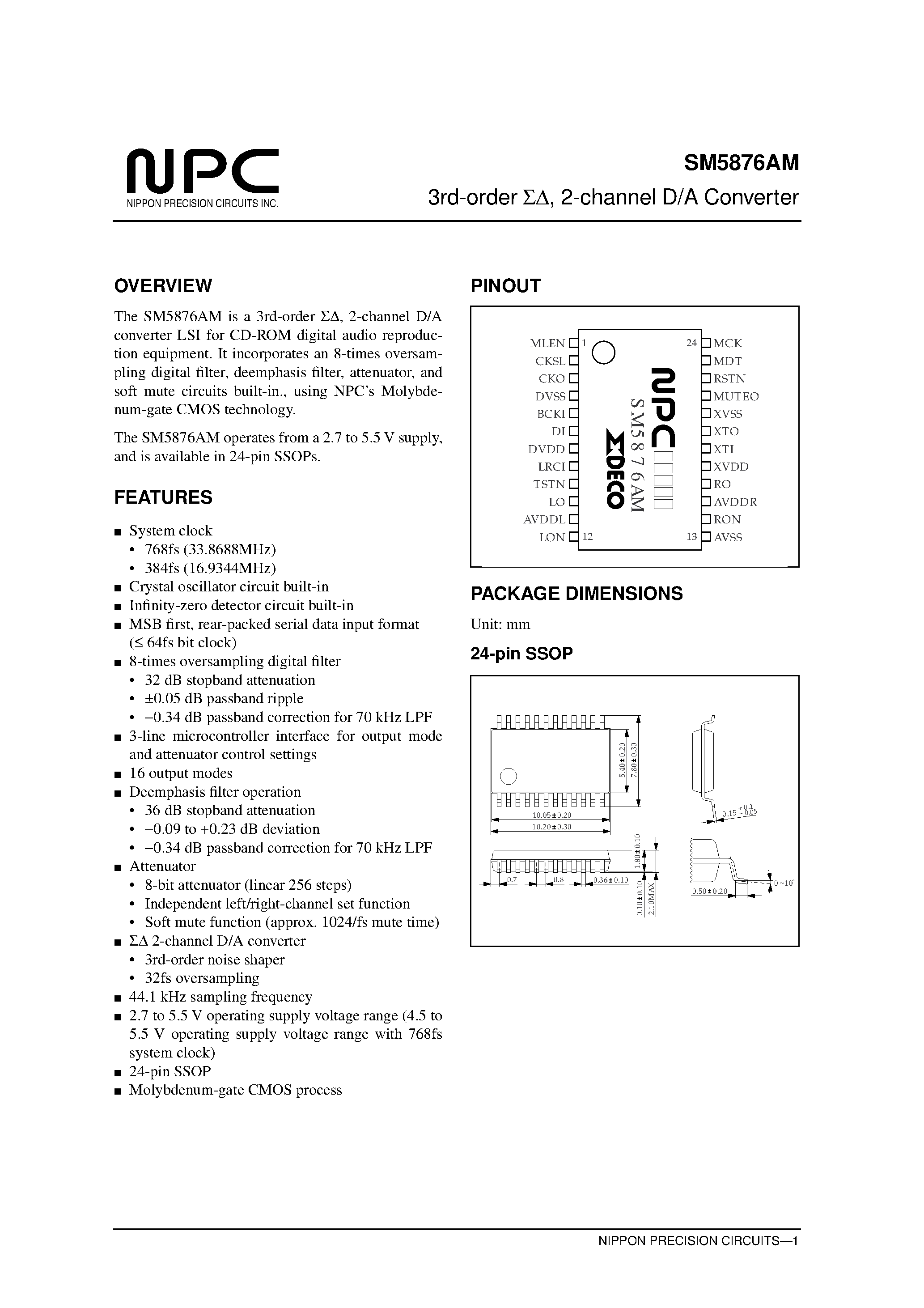 Datasheet SM5876AM page 1 Datasheet SM5876AM - 3rd-order/ 2-channel D/A Converter page 1