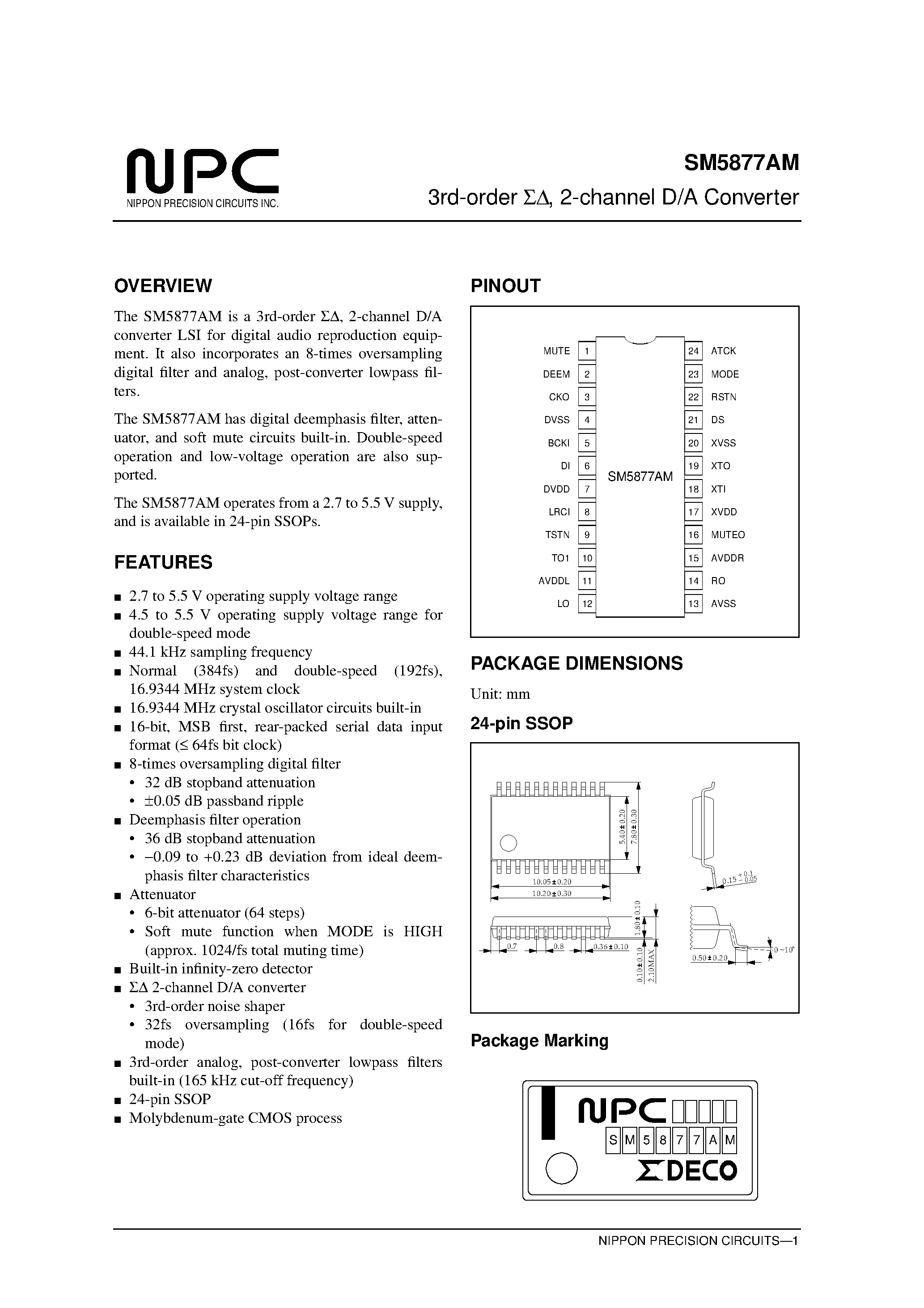 Datasheet SM5877 page 1 Datasheet SM5877 - 3rd-order / 2-channel D/A Converter page 1
