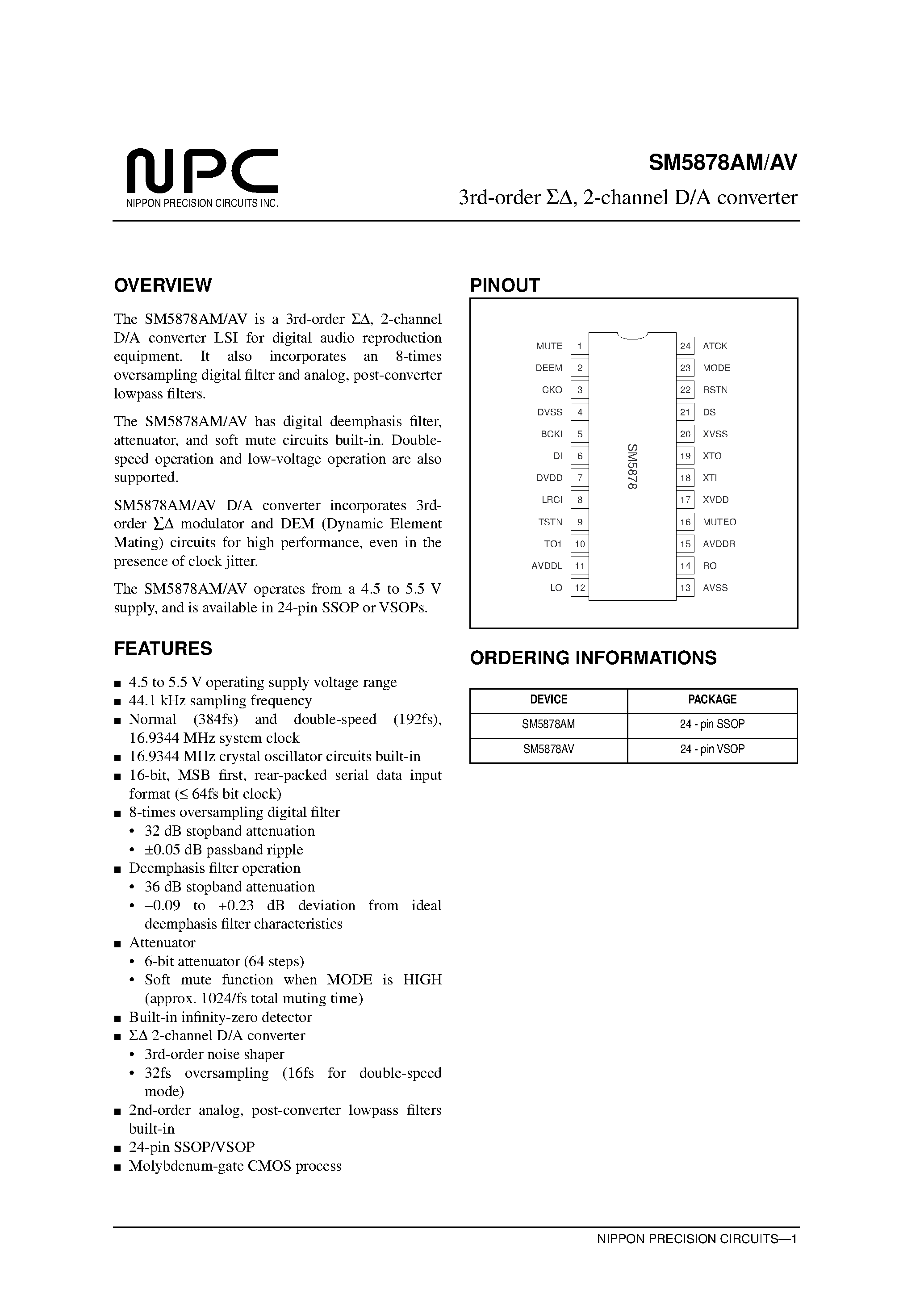 Datasheet SM5878 page 1 Datasheet SM5878 - 3rd-order / 2-channel D/A converter page 1
