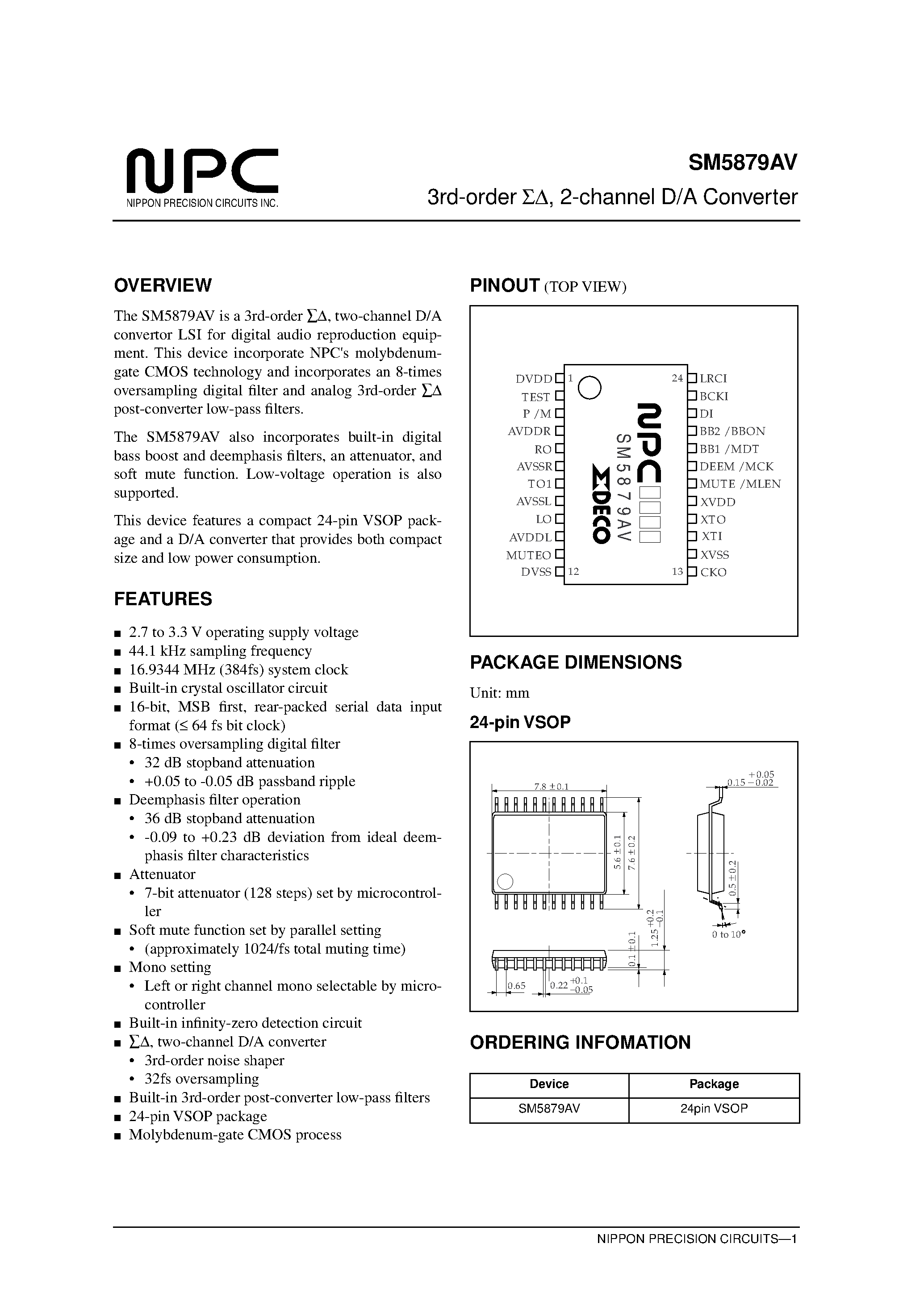 Datasheet SM5879 page 1 Datasheet SM5879 - 3rd-order / 2-channel D/A Converter page 1