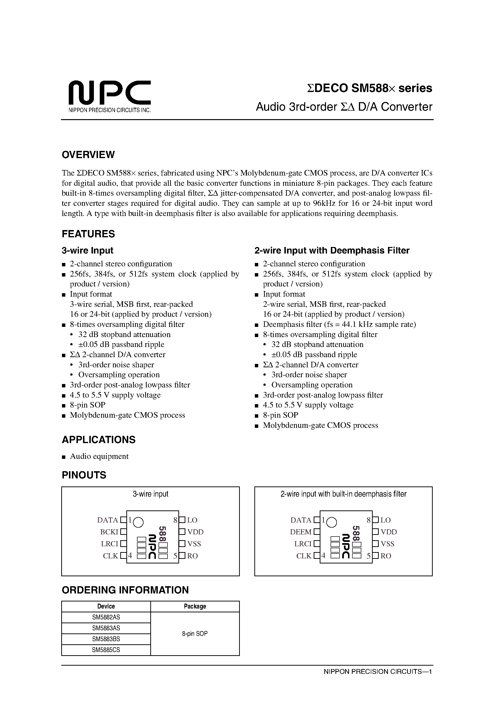 Datasheet SM5885CS page 1 Datasheet SM5885CS - Audio 3rd-order D/A Converter page 1