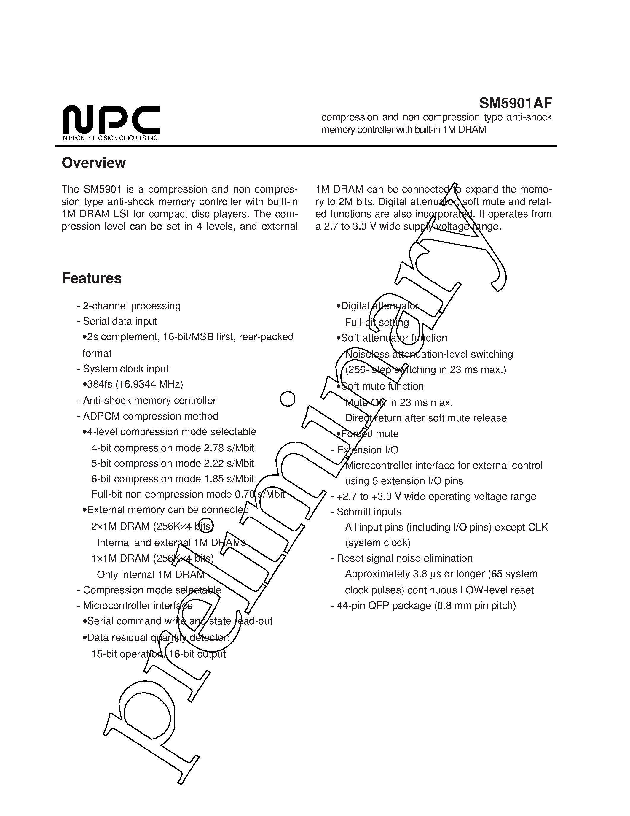 Datasheet SM5901AF page 1 Datasheet SM5901AF - compression and non compression type anti-shock memory controller with built-in 1M DRAM page 1