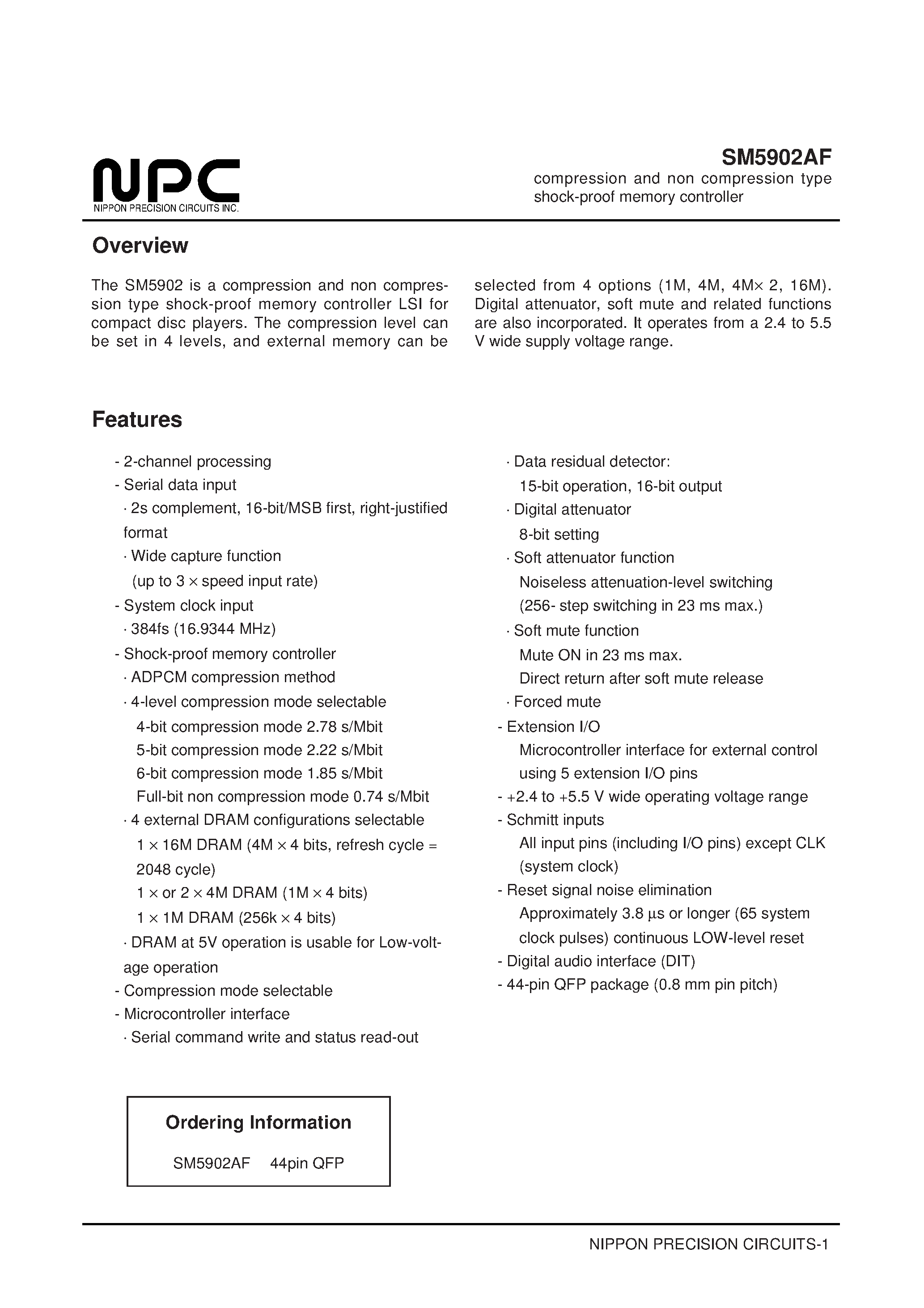 Datasheet SM5902 page 1 Datasheet SM5902 - compression and non compression type shock-proof memory controller page 1