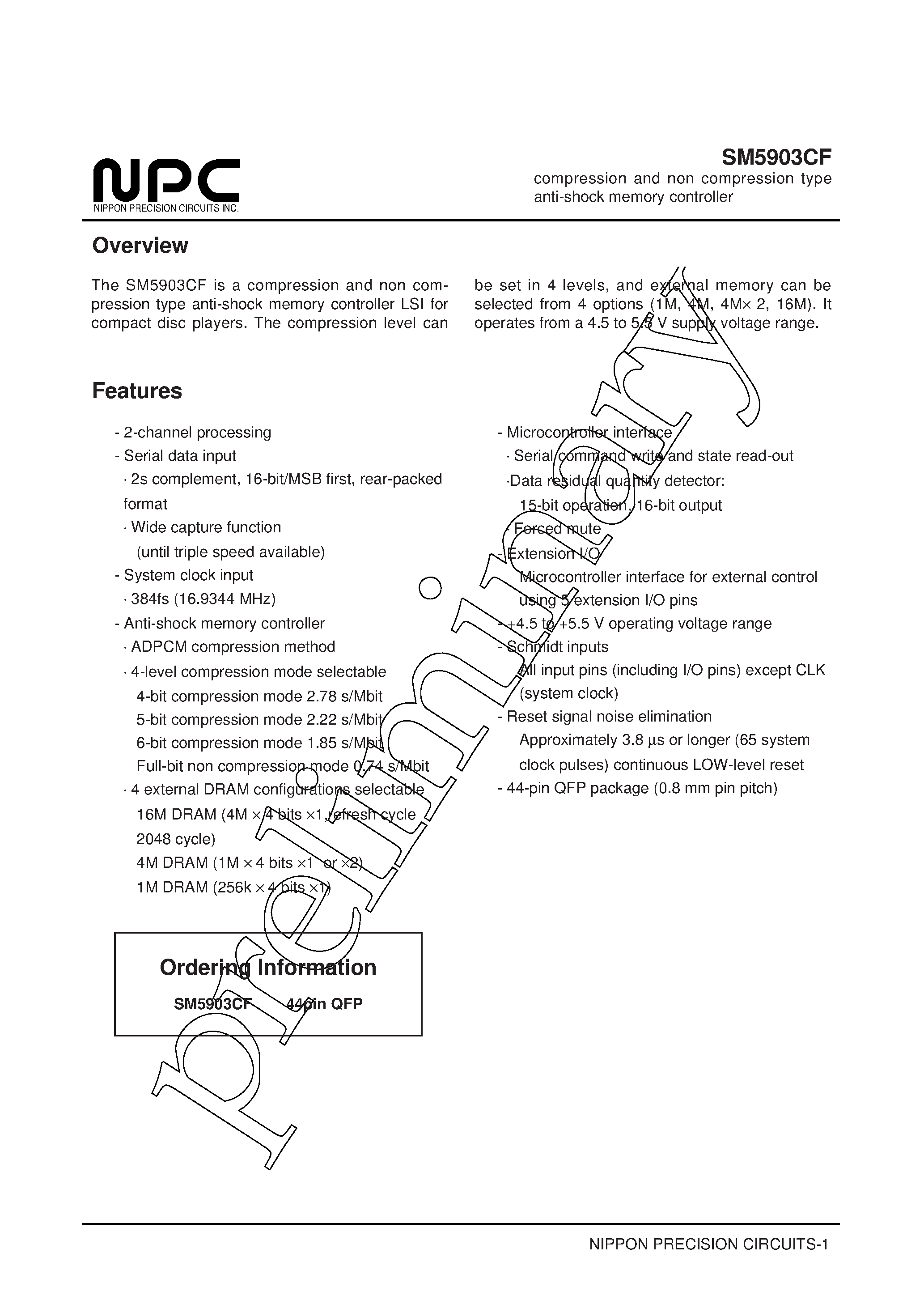 Datasheet SM5903CF page 1 Datasheet SM5903CF - compression and non compression type anti-shock memory controller page 1