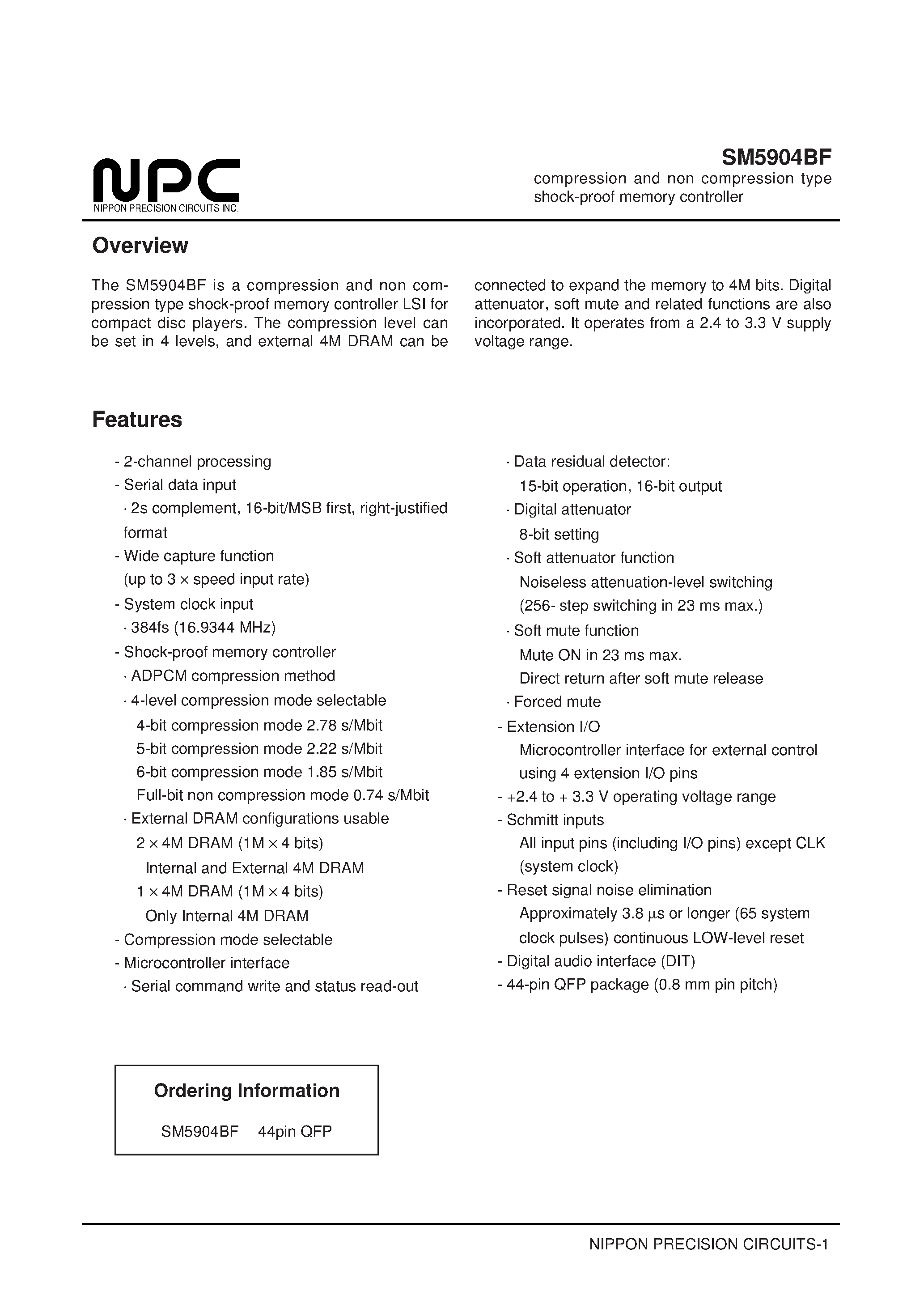 Datasheet SM5904BF page 1 Datasheet SM5904BF - compression and non compression type shock-proof memory controller page 1