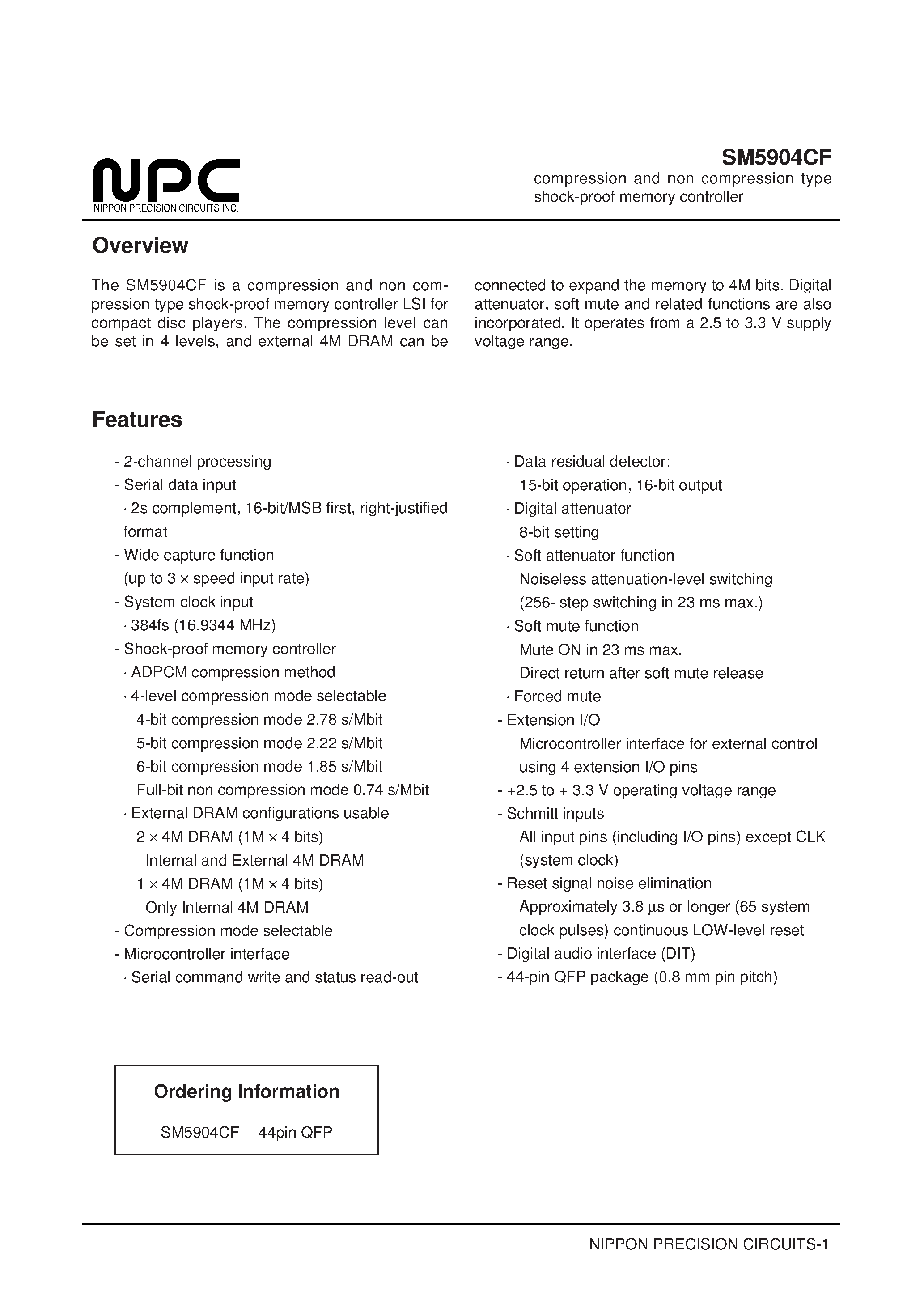 Datasheet SM5904CF page 1 Datasheet SM5904CF - compression and non compression type page 1