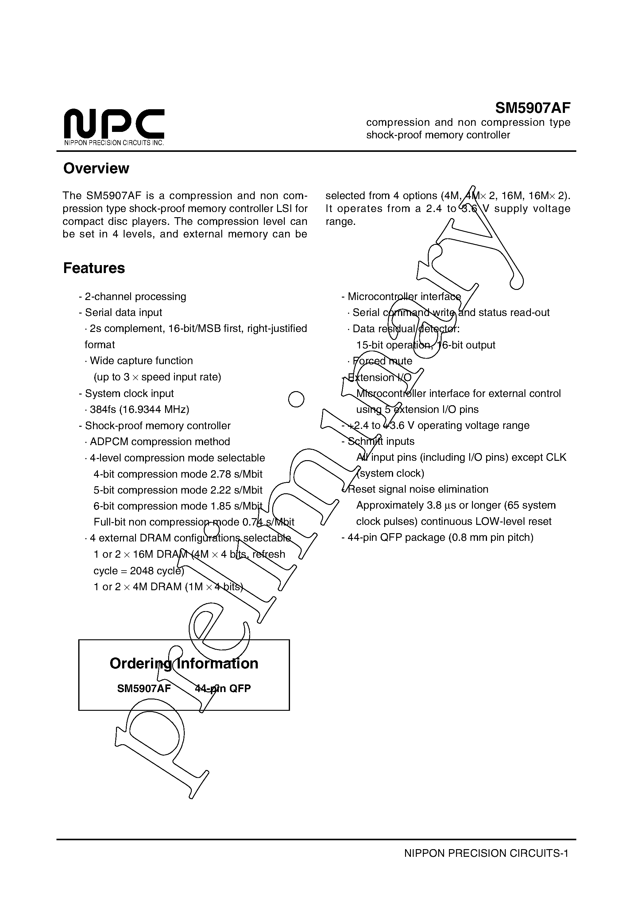 Datasheet SM5907AF page 1 Datasheet SM5907AF - compression and non compression type shock-proof memory controller page 1