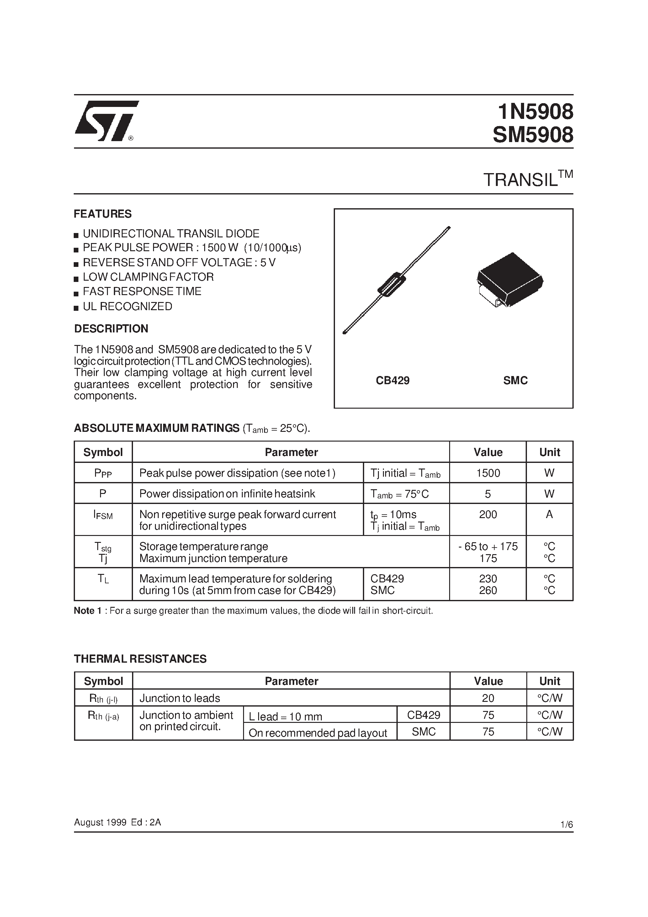 Datasheet SM5908 page 1 Datasheet SM5908 - TRANSILTM page 1
