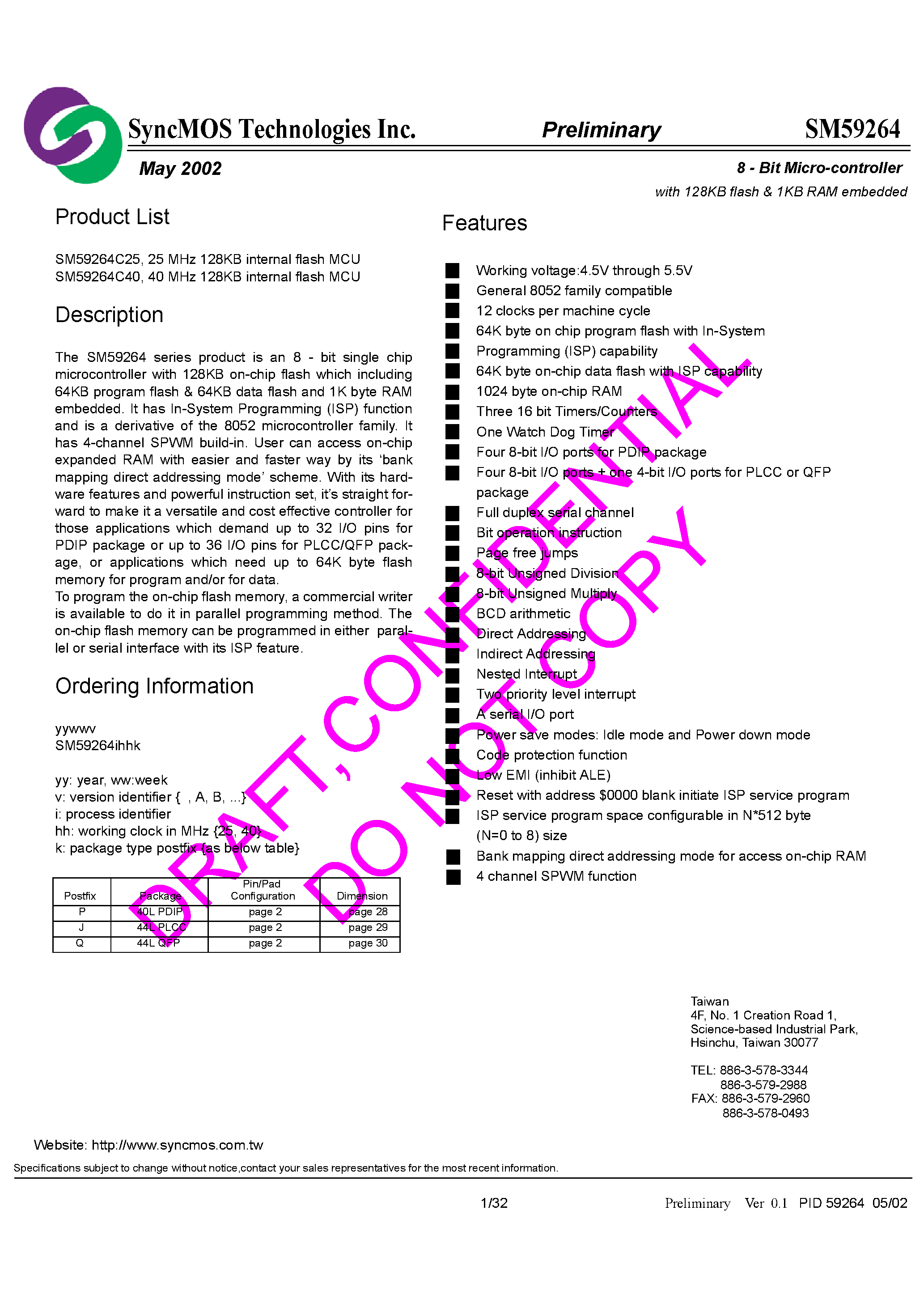 Datasheet SM59264Ihhk page 1 Datasheet SM59264Ihhk - 8 - Bit Micro-controller page 1