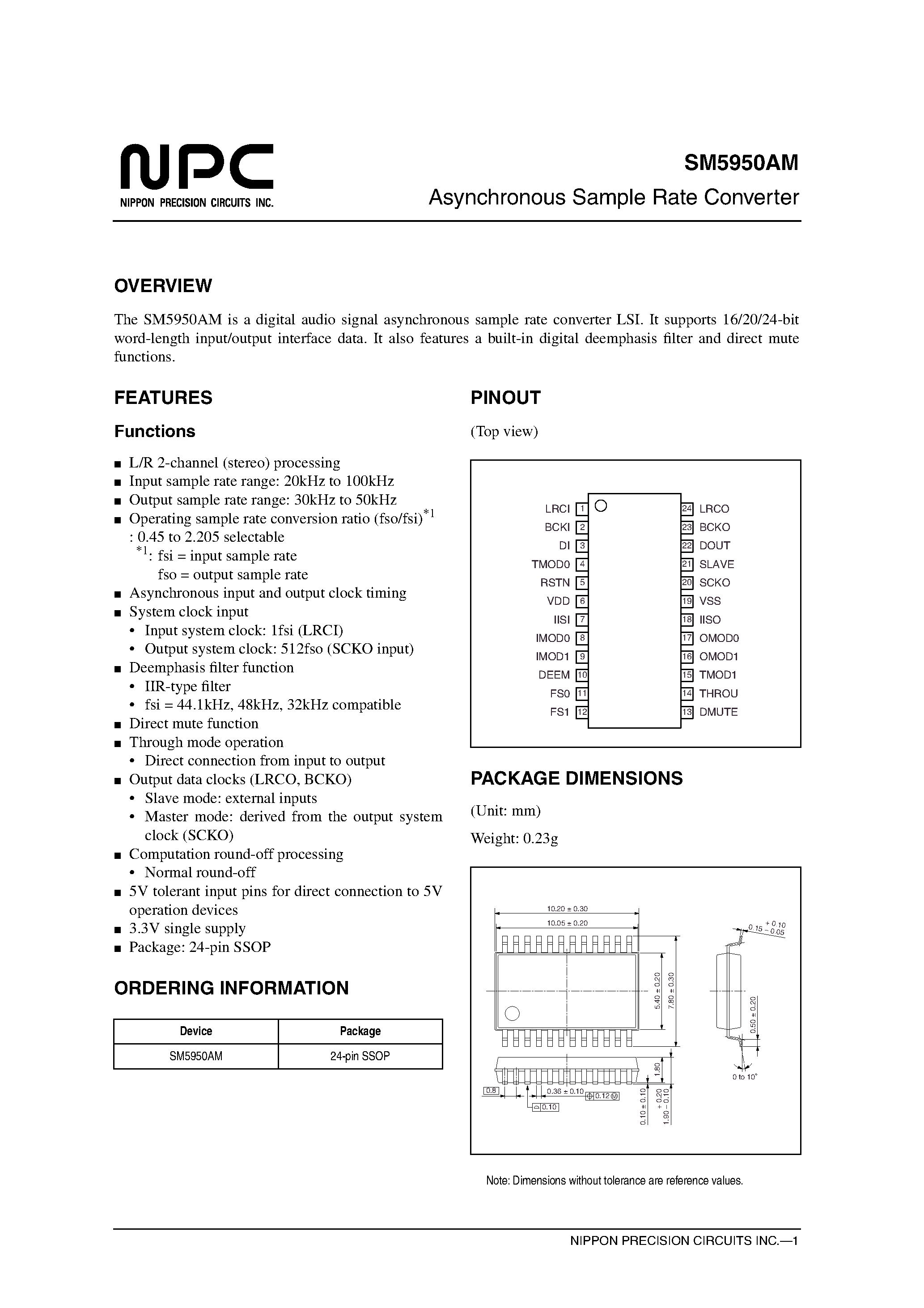 Datasheet SM5950AM page 1 Datasheet SM5950AM - Asynchronous Sample Rate Converter page 1