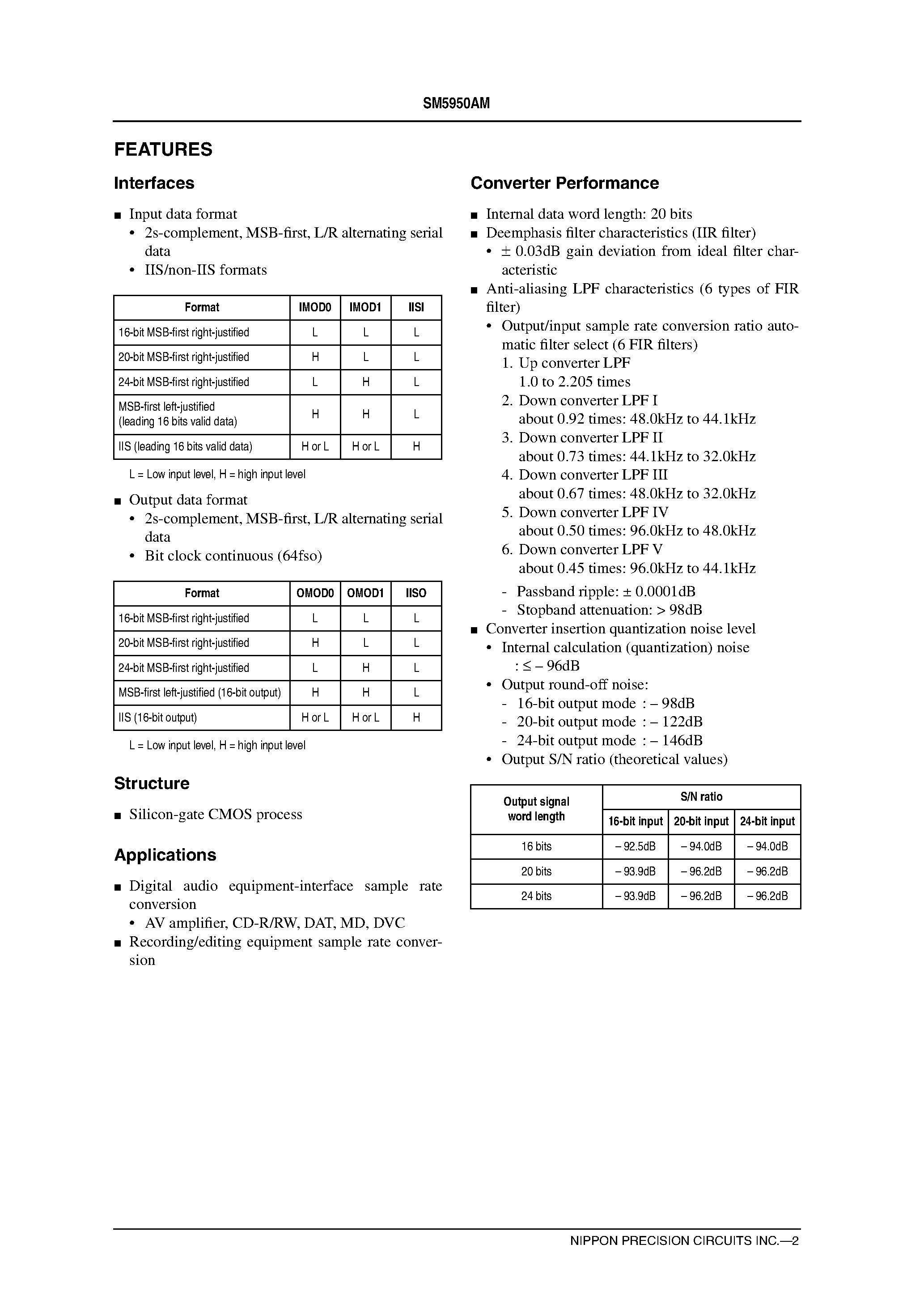 Datasheet SM5950AM page 2 Datasheet SM5950AM - Asynchronous Sample Rate Converter page 2