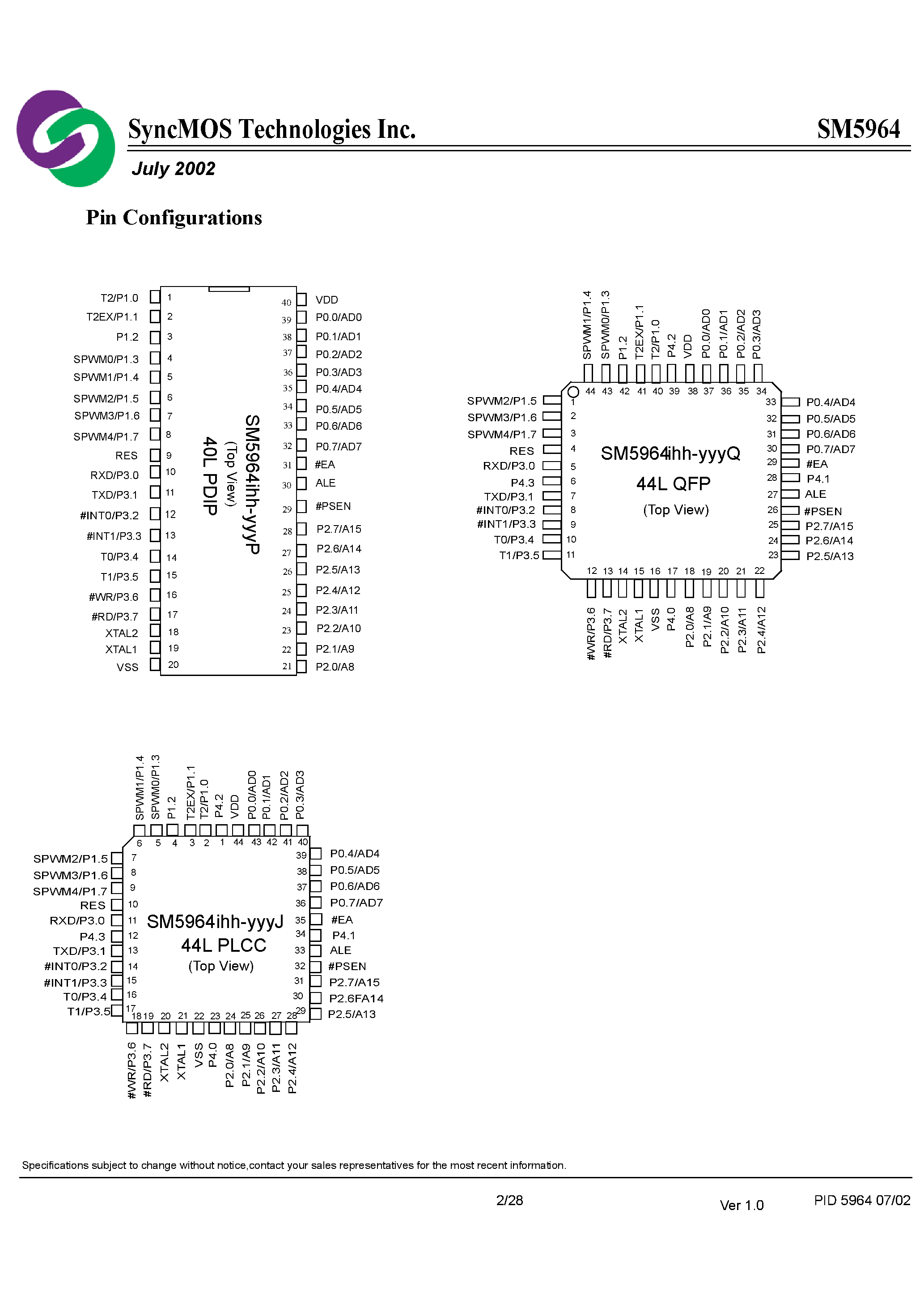 Datasheet SM5964 page 2 Datasheet SM5964 - 8 - bit single chip microcontroller with 64KB flash & 1K byte RAM embedded page 2