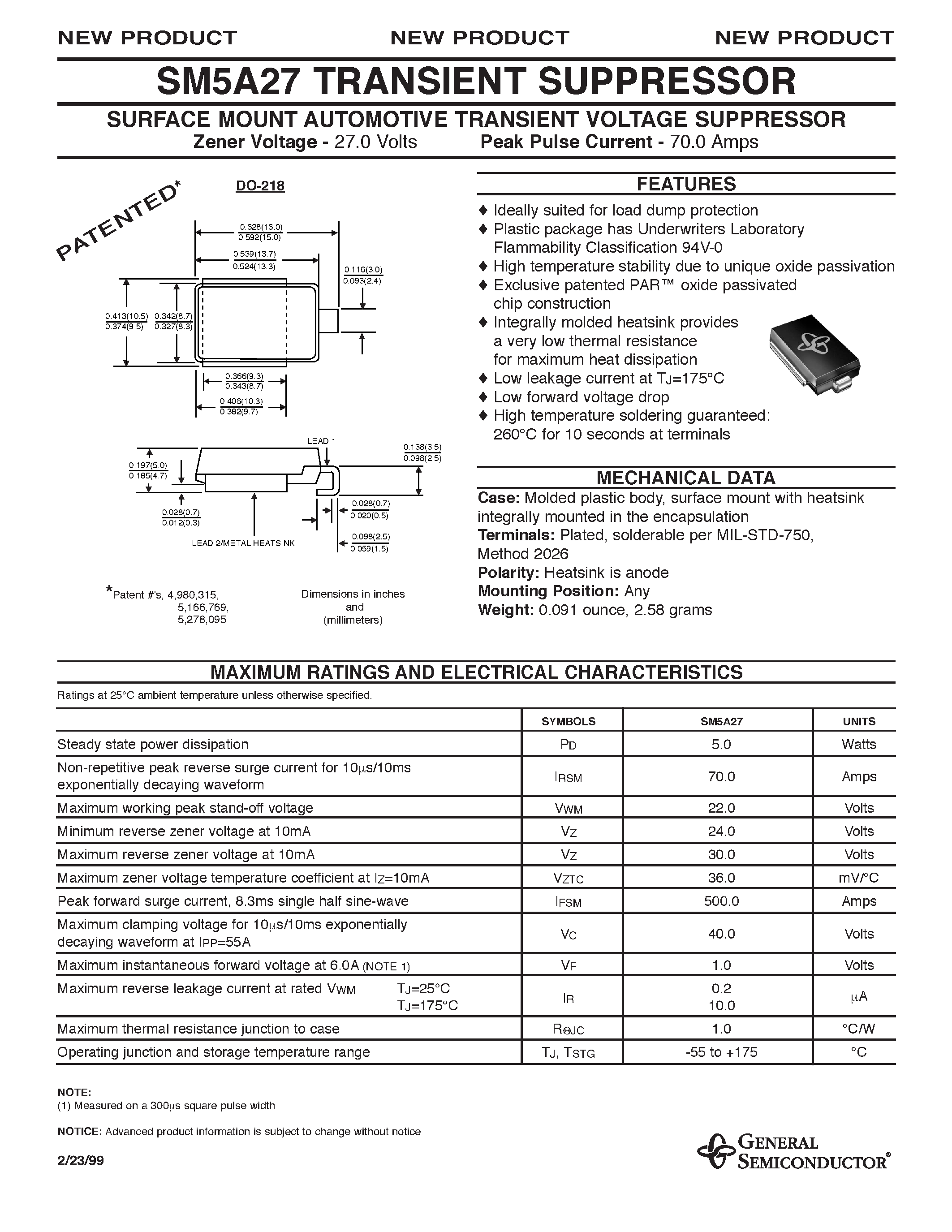 Datasheet SM5A27 page 1 Datasheet SM5A27 - SURFACE MOUNT AUTOMOTIVE TRANSIENT VOLTAGE SUPPRESSOR page 1