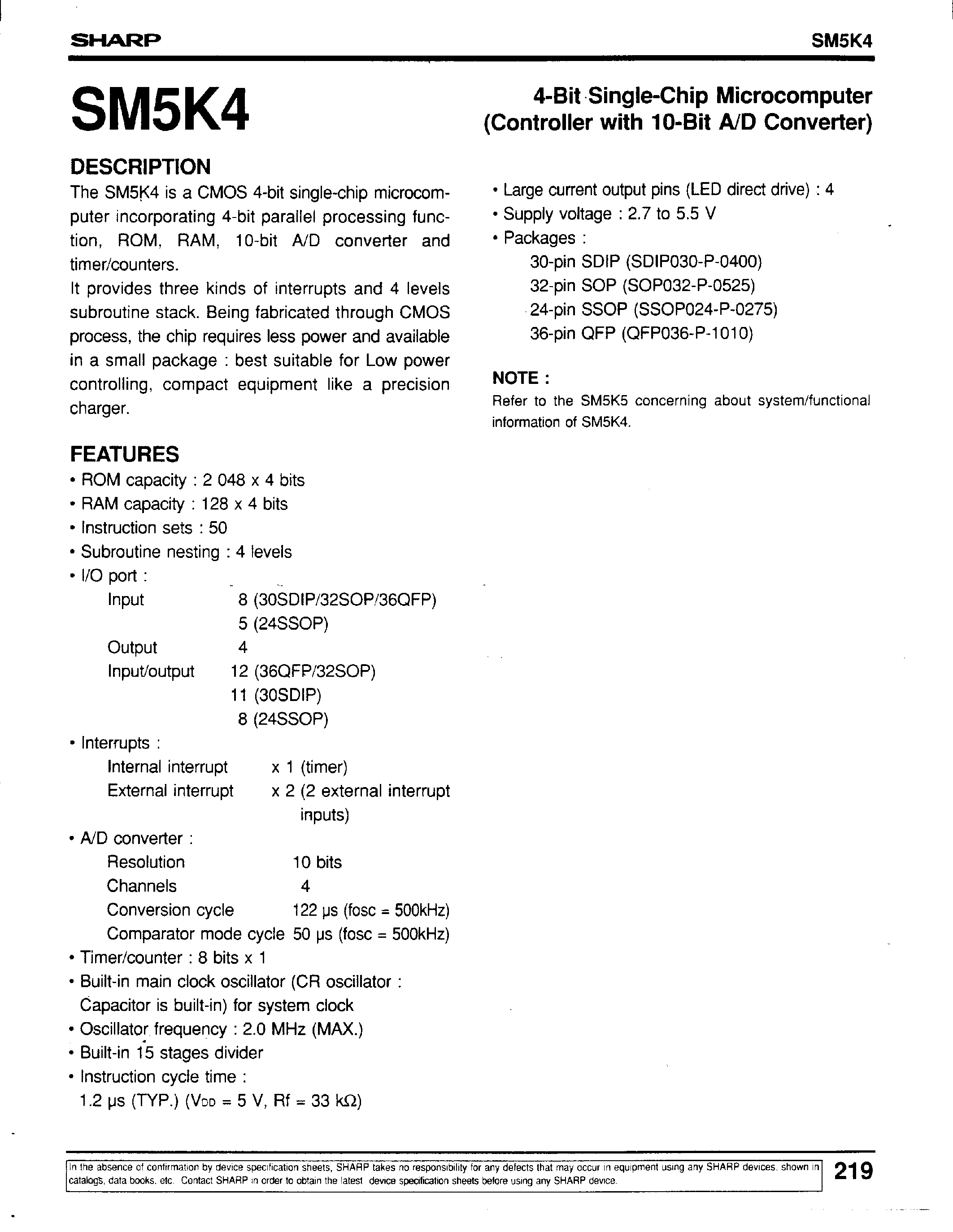 Datasheet SM5K4 - 4-Bit Single-Chip Microcomputers(Controllers With 10-Bit A/D Converter) page 1