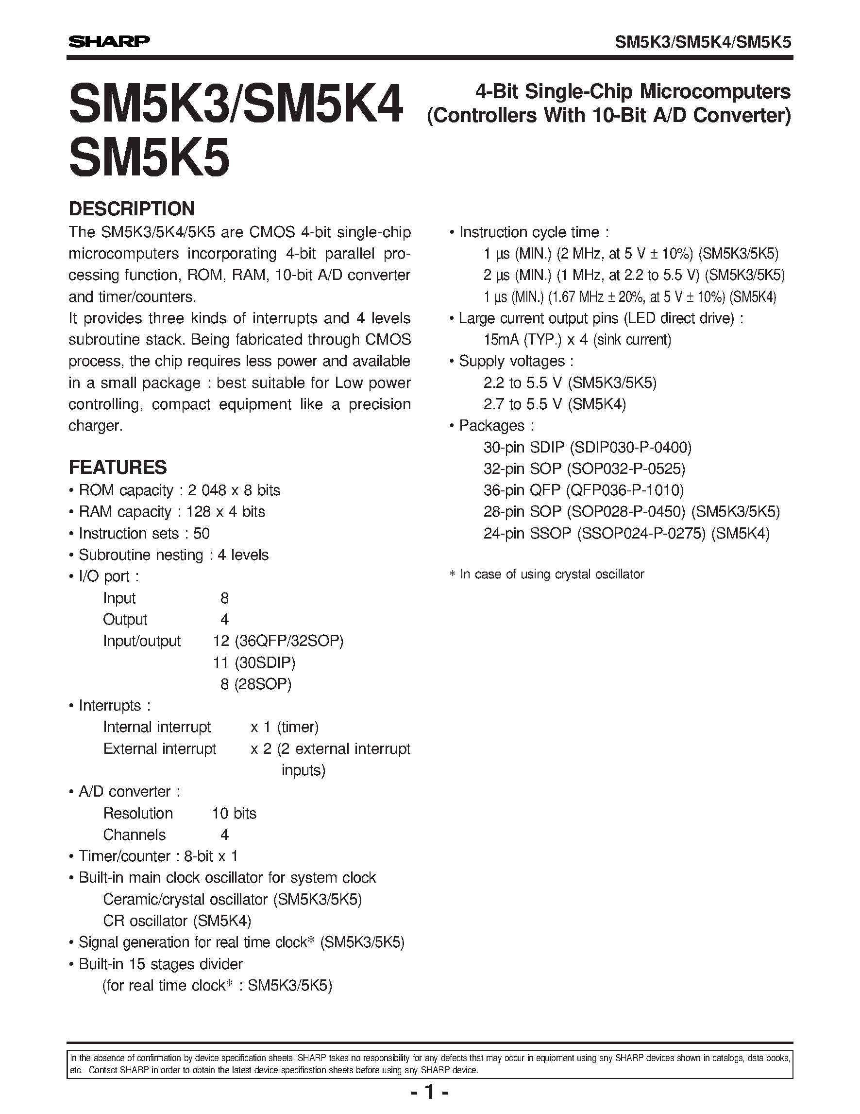 Datasheet SM5K5 page 1 Datasheet SM5K5 - 4-Bit Single-Chip Microcomputers(Controllers With 10-Bit A/D Converter) page 1