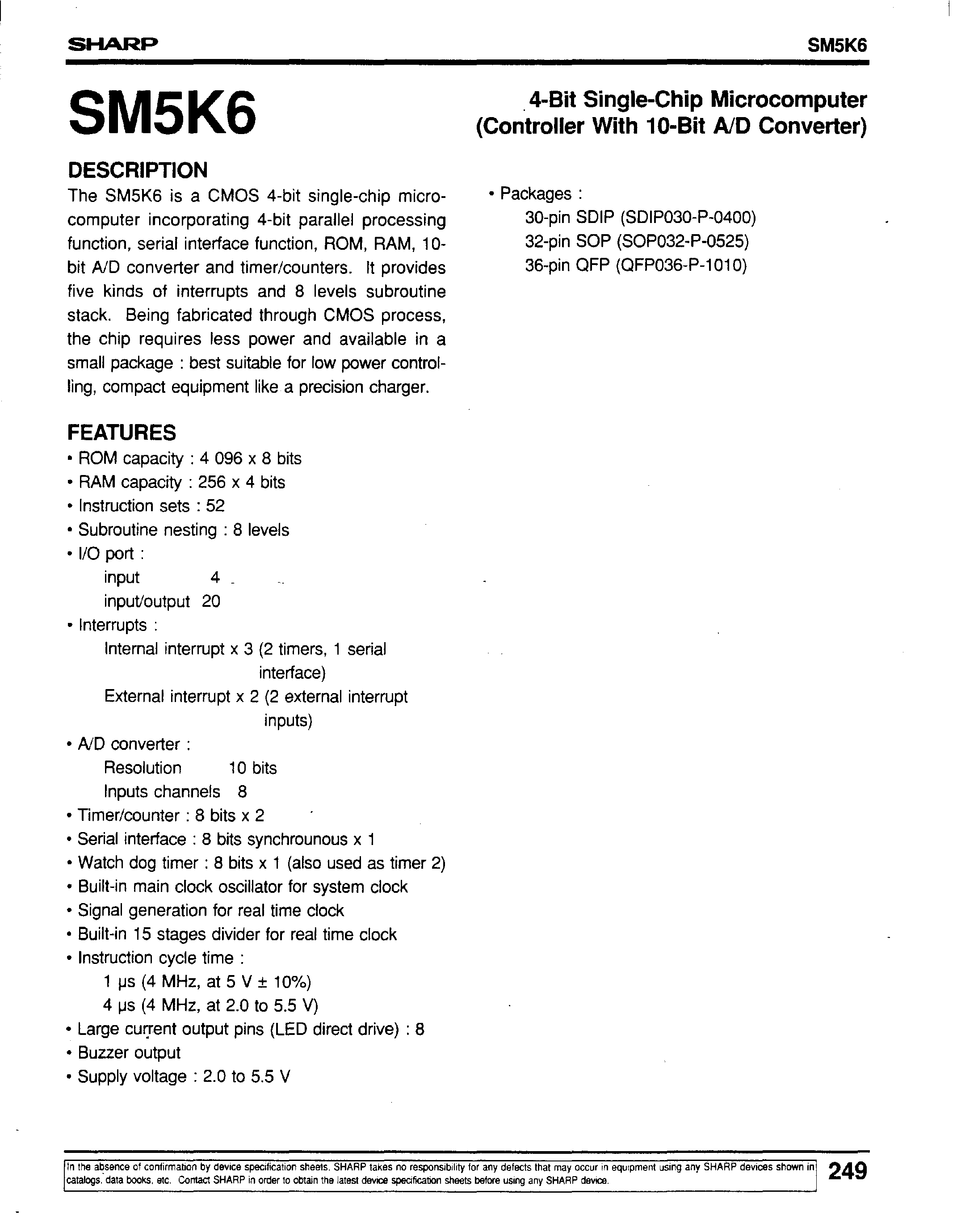 Datasheet SM5K6 - 4-Bit Single-Chip Microcomputer(Controller With 10-Bit A/D Converter) page 1