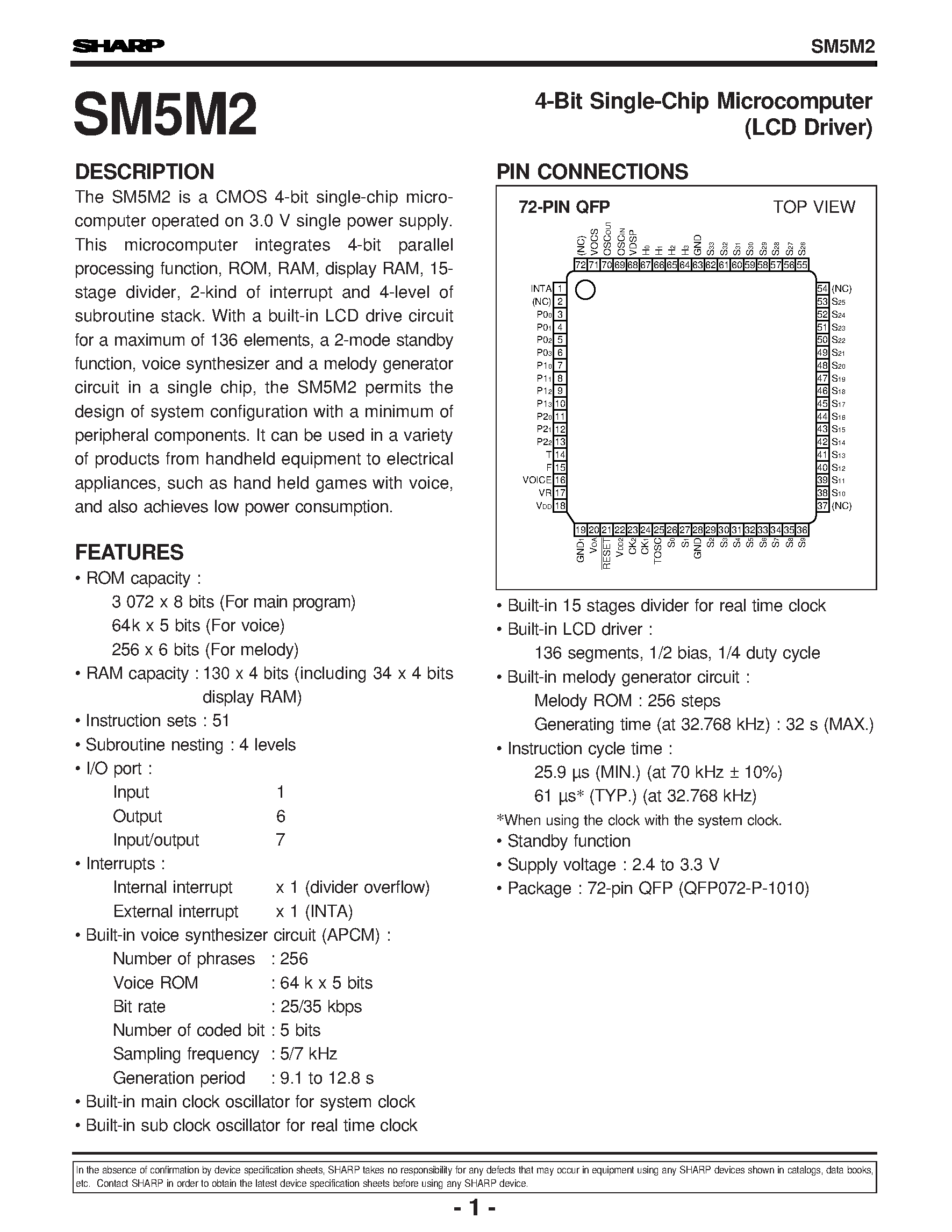 Datasheet SM5M2 - 4-Bit Single-Chip Microcomputer(LCD Driver) page 1