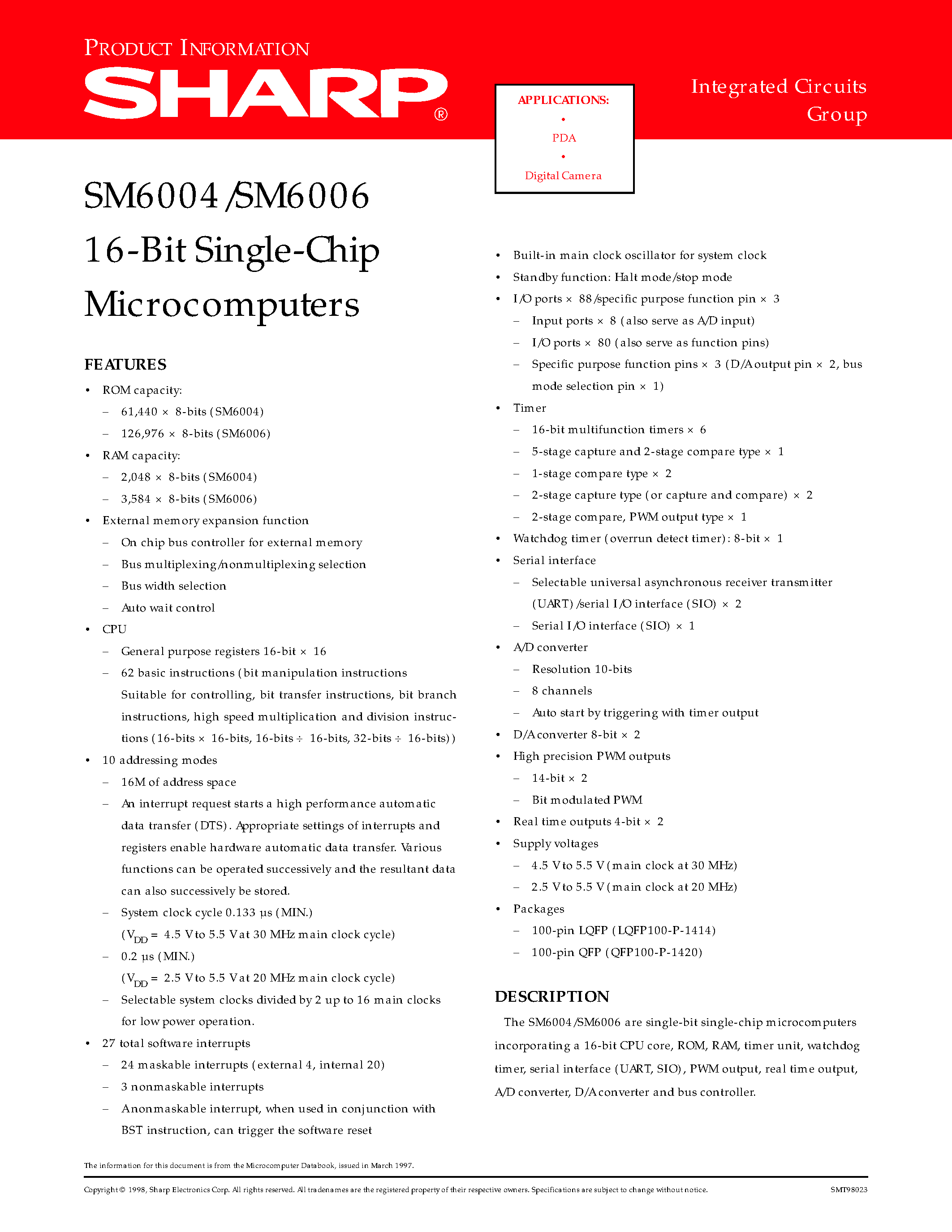 Datasheet SM6004 - 16-Bit Single-Chip Microcomputers page 1