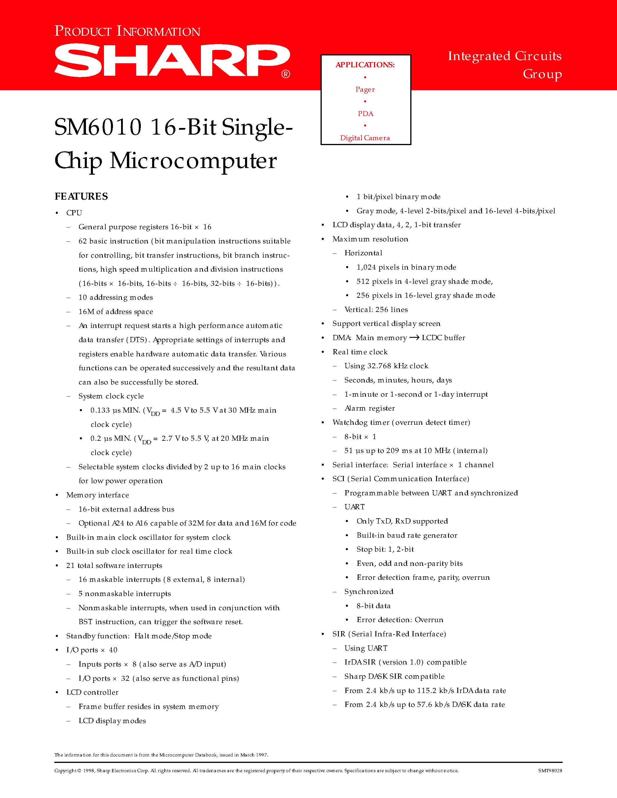Datasheet SM6010 page 1 Datasheet SM6010 - 16-Bit Single- Chip Microcomputer page 1