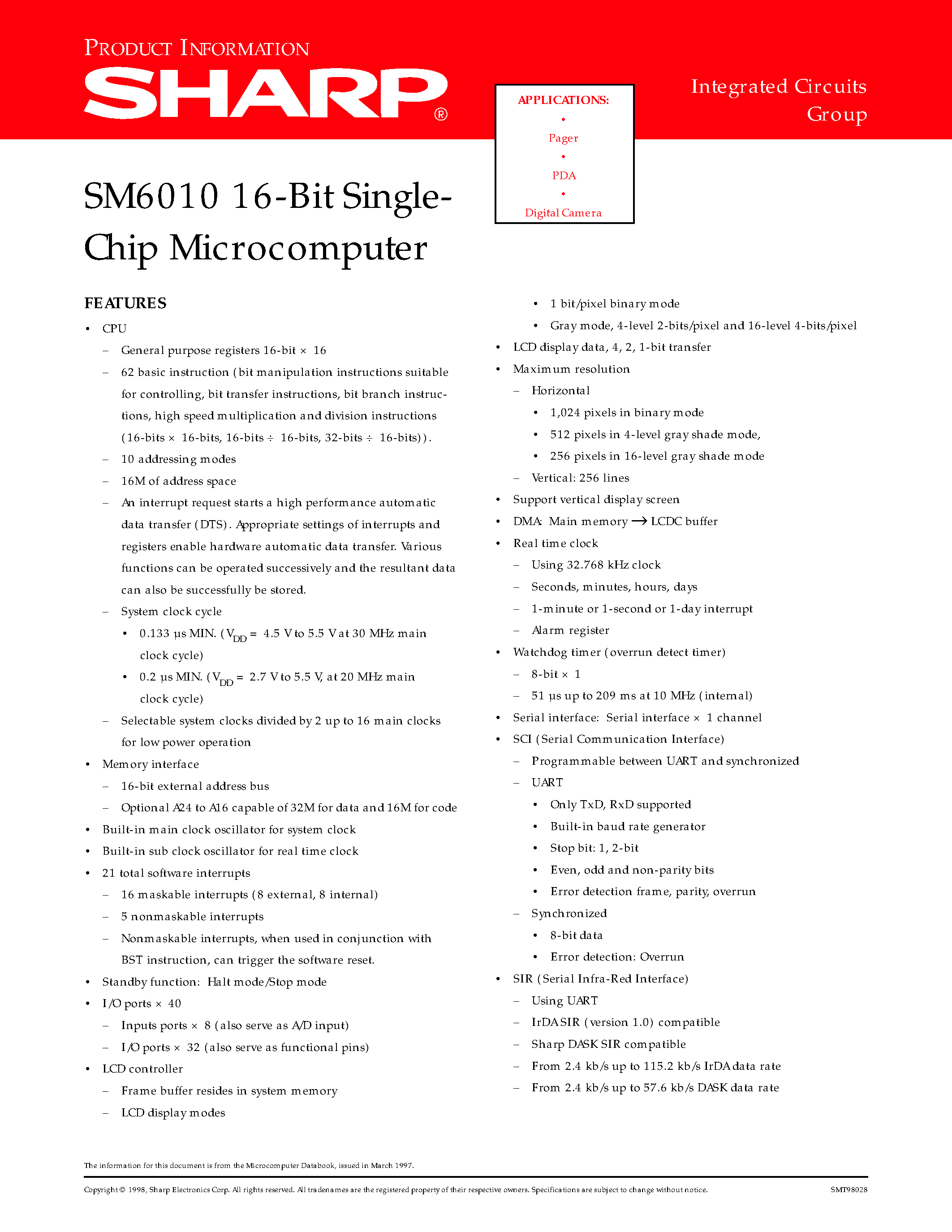 Datasheet SM6010 - 16-Bit Single- Chip Microcomputer page 1