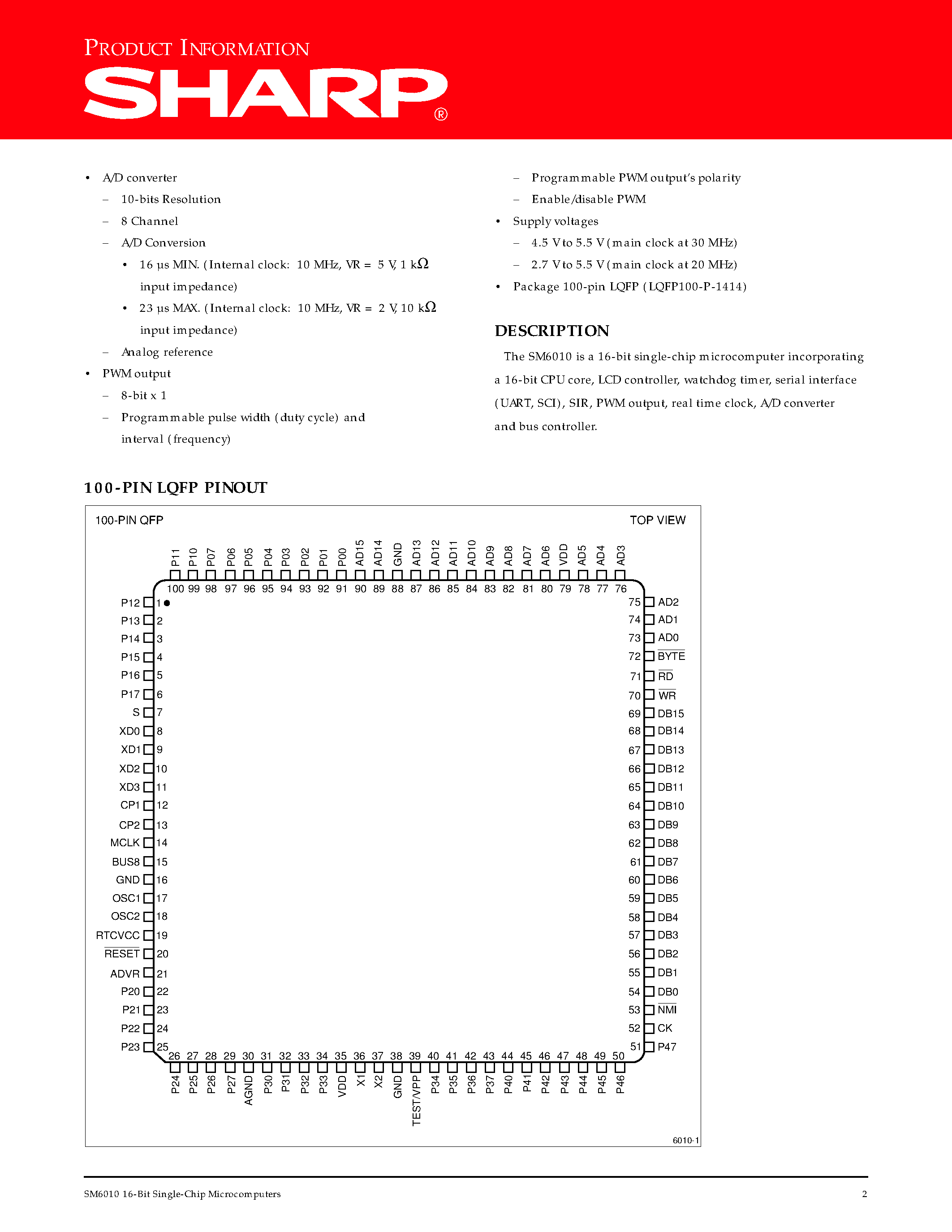 Datasheet SM6010 page 2 Datasheet SM6010 - 16-Bit Single- Chip Microcomputer page 2