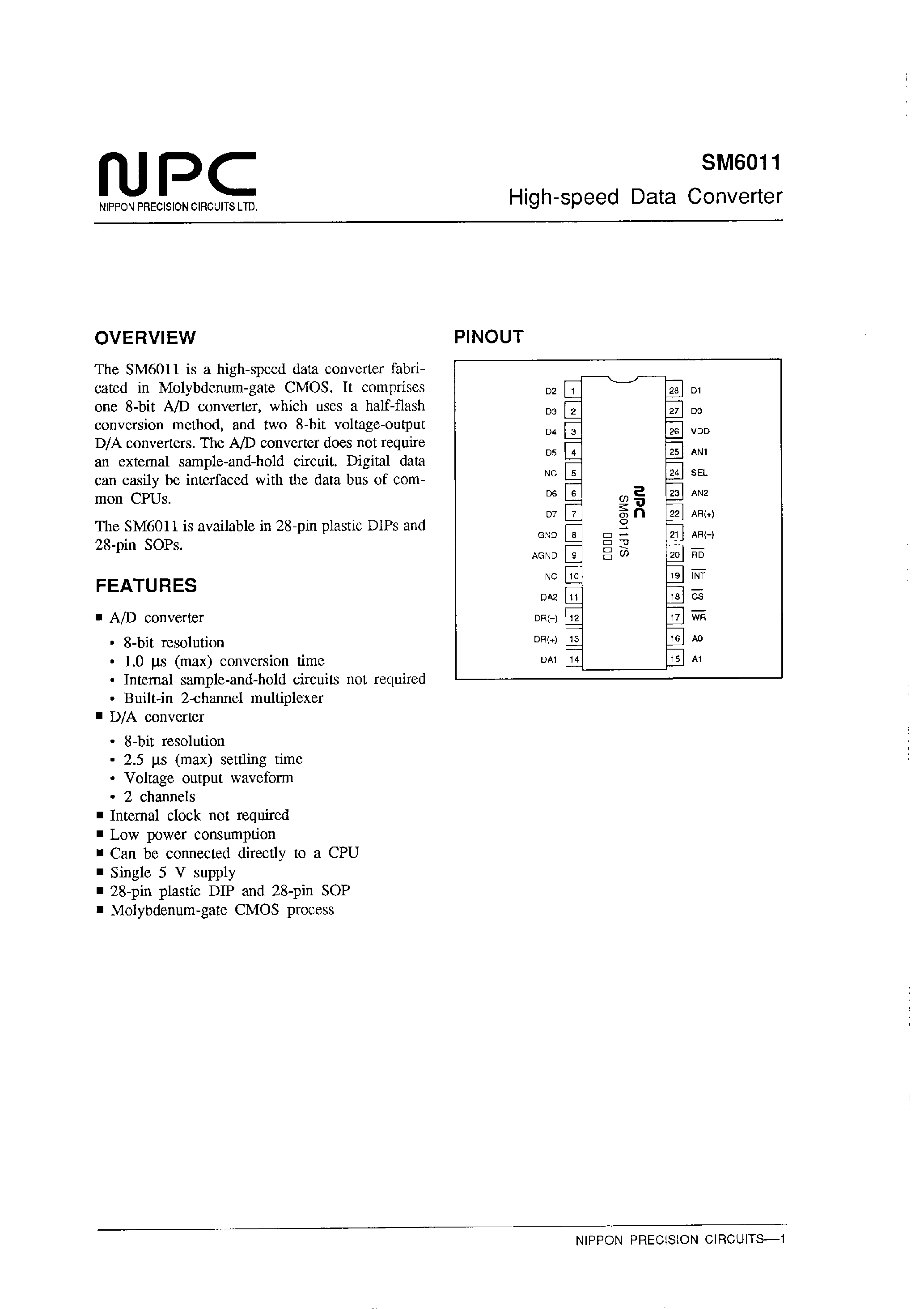Datasheet SM6011 page 1 Datasheet SM6011 - High-speed Data Converter page 1