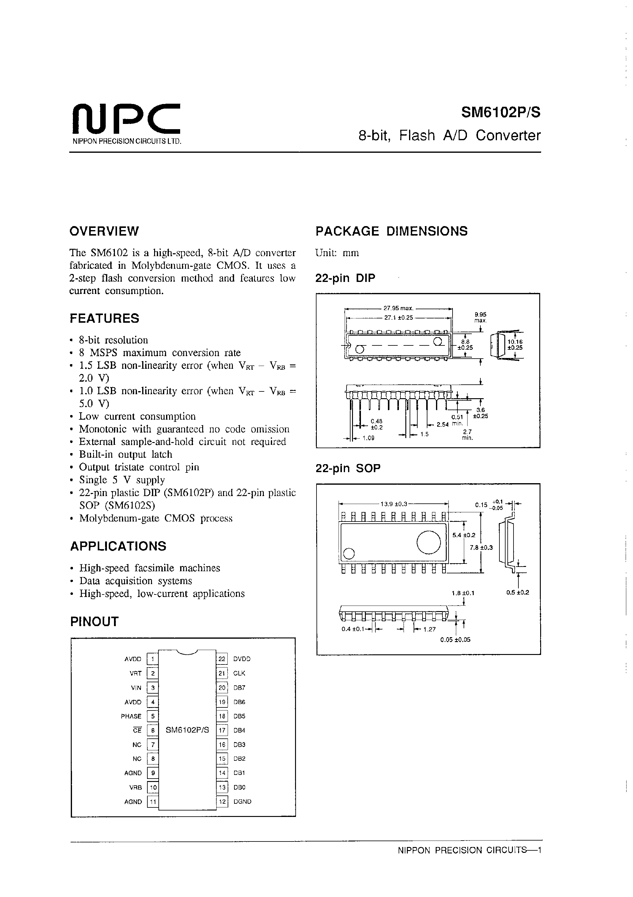 Datasheet SM6102P - 8-bit/ Flash A/D Converter page 1