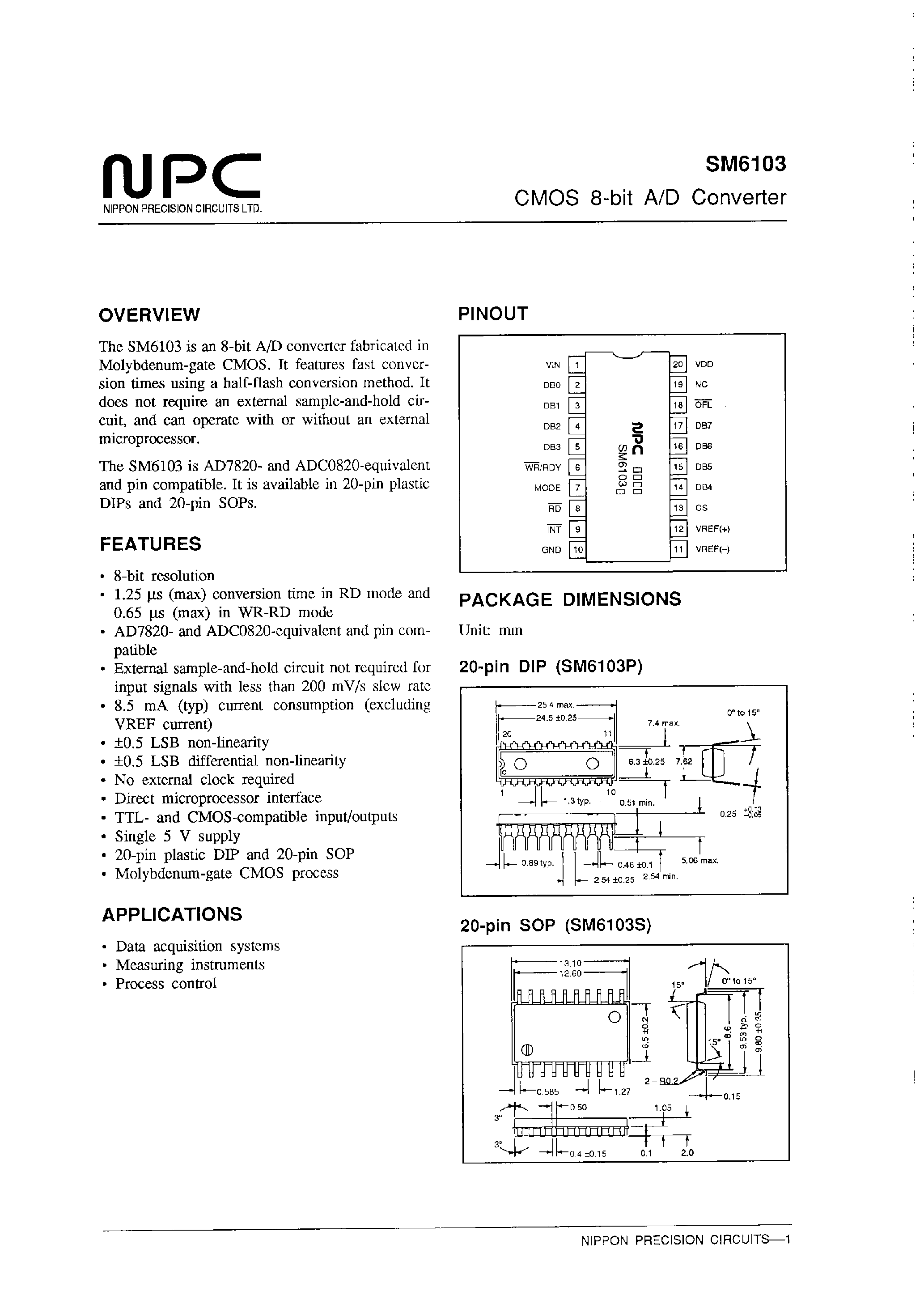 Datasheet SM6103 - CMOS 8-bit A/D Converter page 1