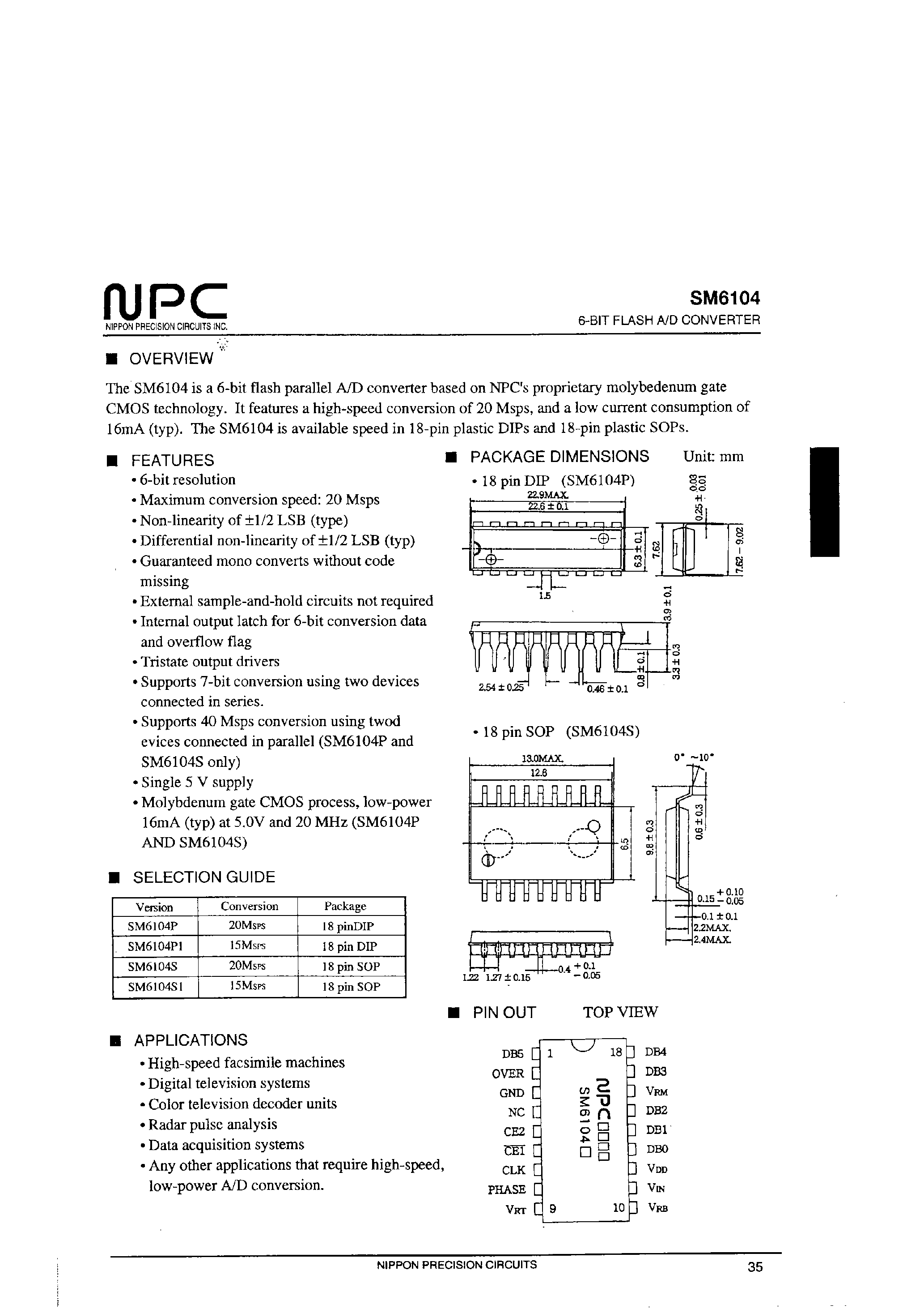 Datasheet SM6104 page 1 Datasheet SM6104 - 6-BIT FLASH A/D CONVERTER page 1