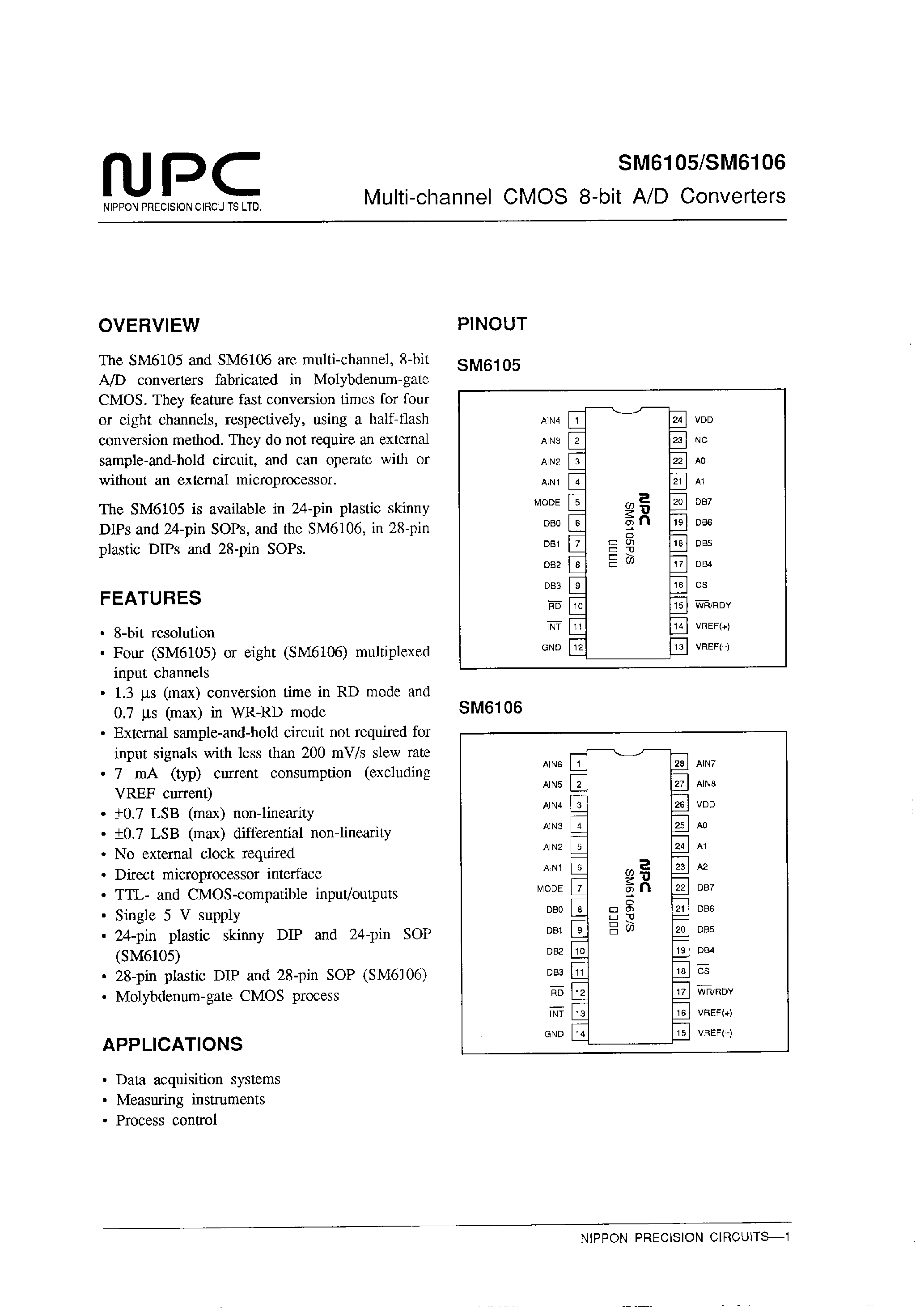 Datasheet SM6105 page 1 Datasheet SM6105 - Multi-channel CMOS 8-bit A/D Converters page 1