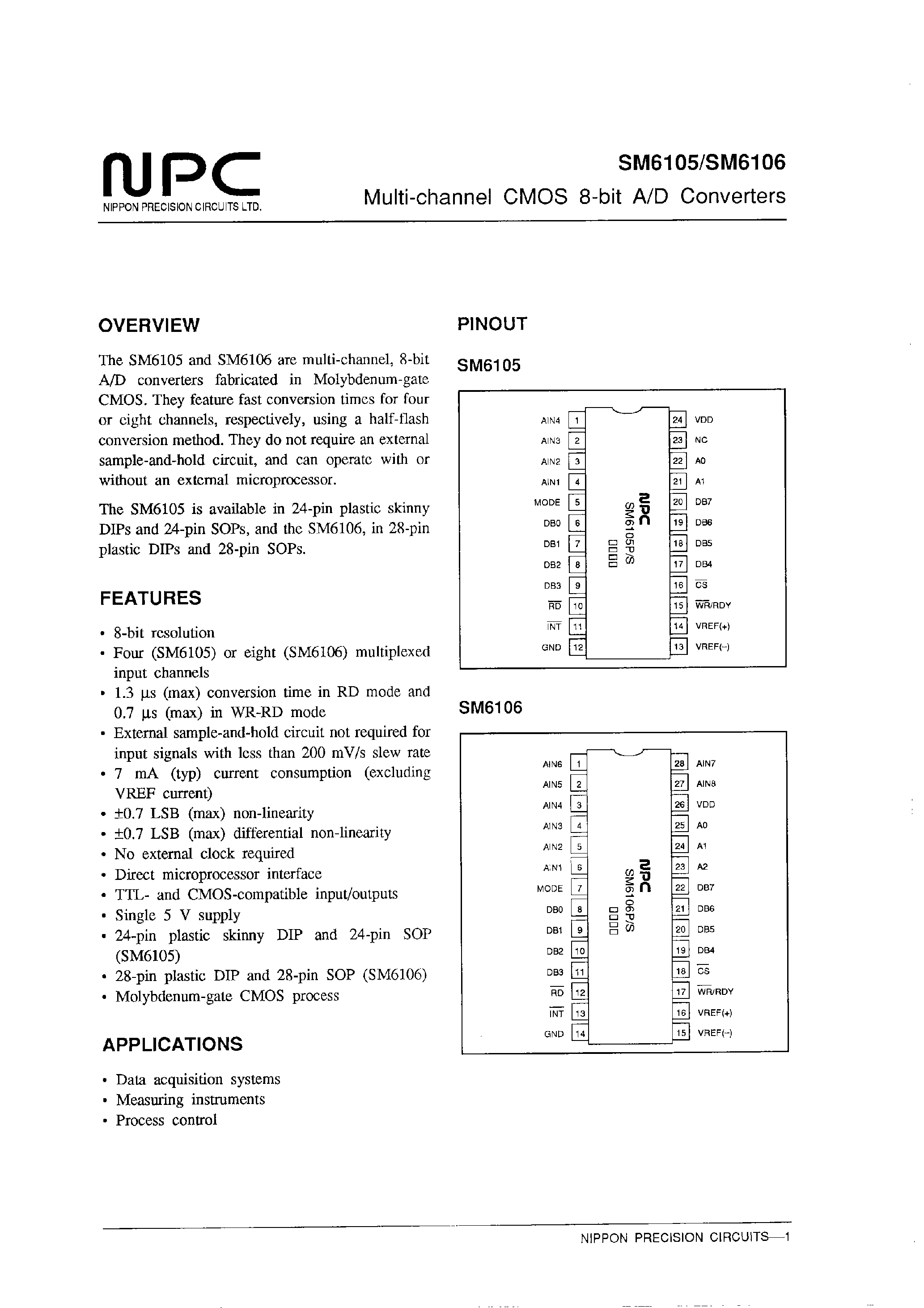 Datasheet SM6105 - Multi-channel CMOS 8-bit A/D Converters page 1