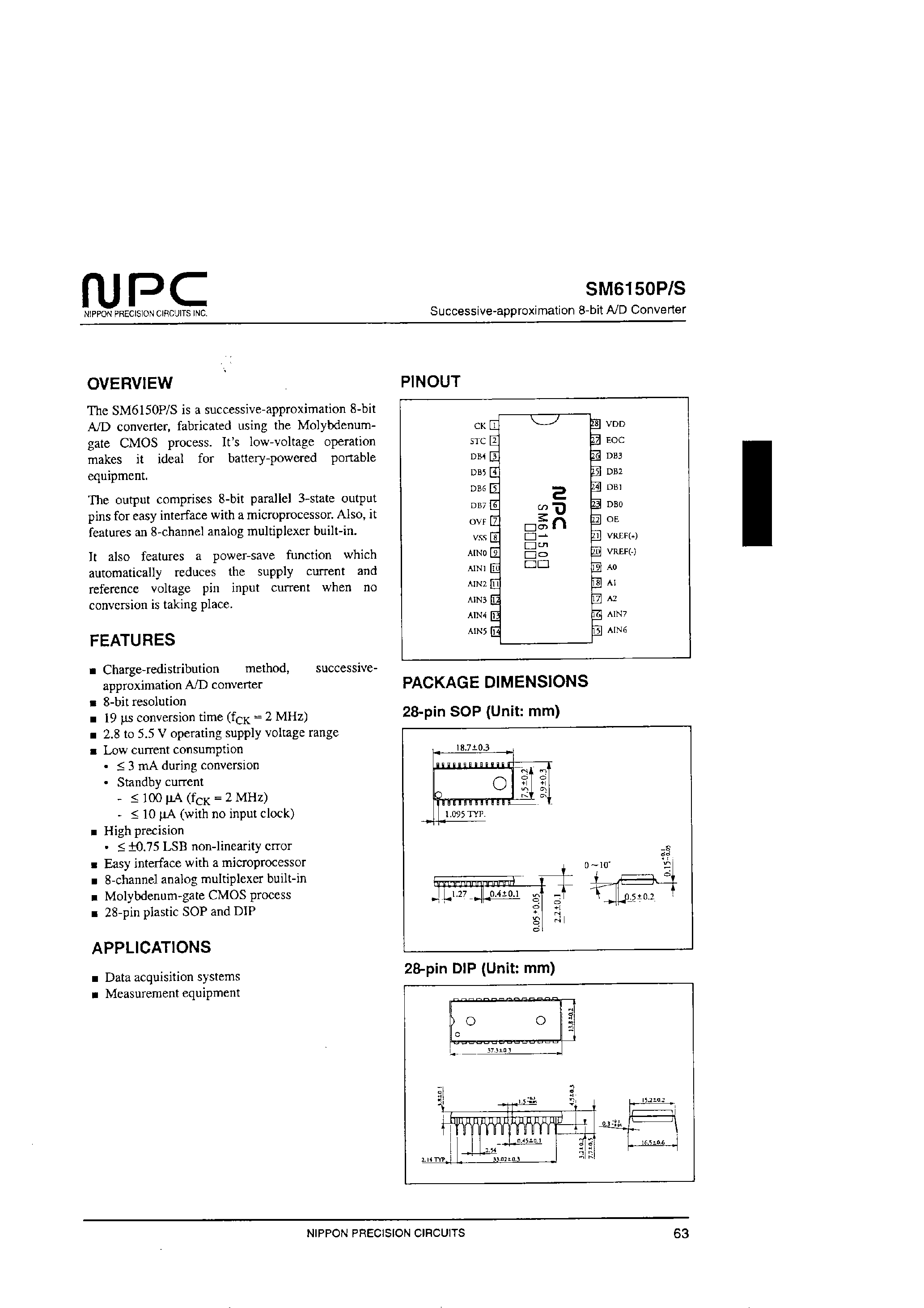 Datasheet SM6150P page 1 Datasheet SM6150P - Successive-approximation 8-bit A/D Converter page 1