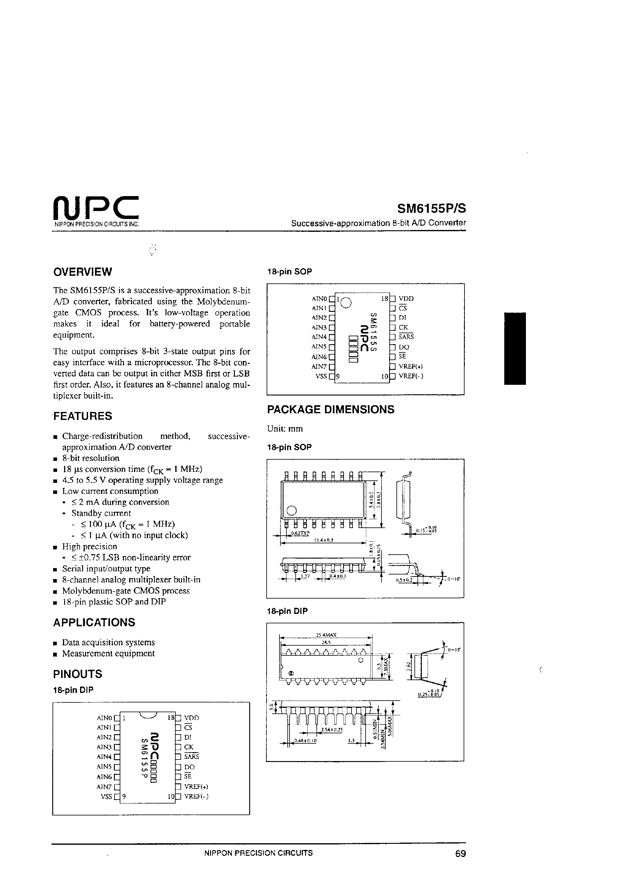 Datasheet SM6155P page 1 Datasheet SM6155P - Successive-approximation 8-bit A/D Converter page 1