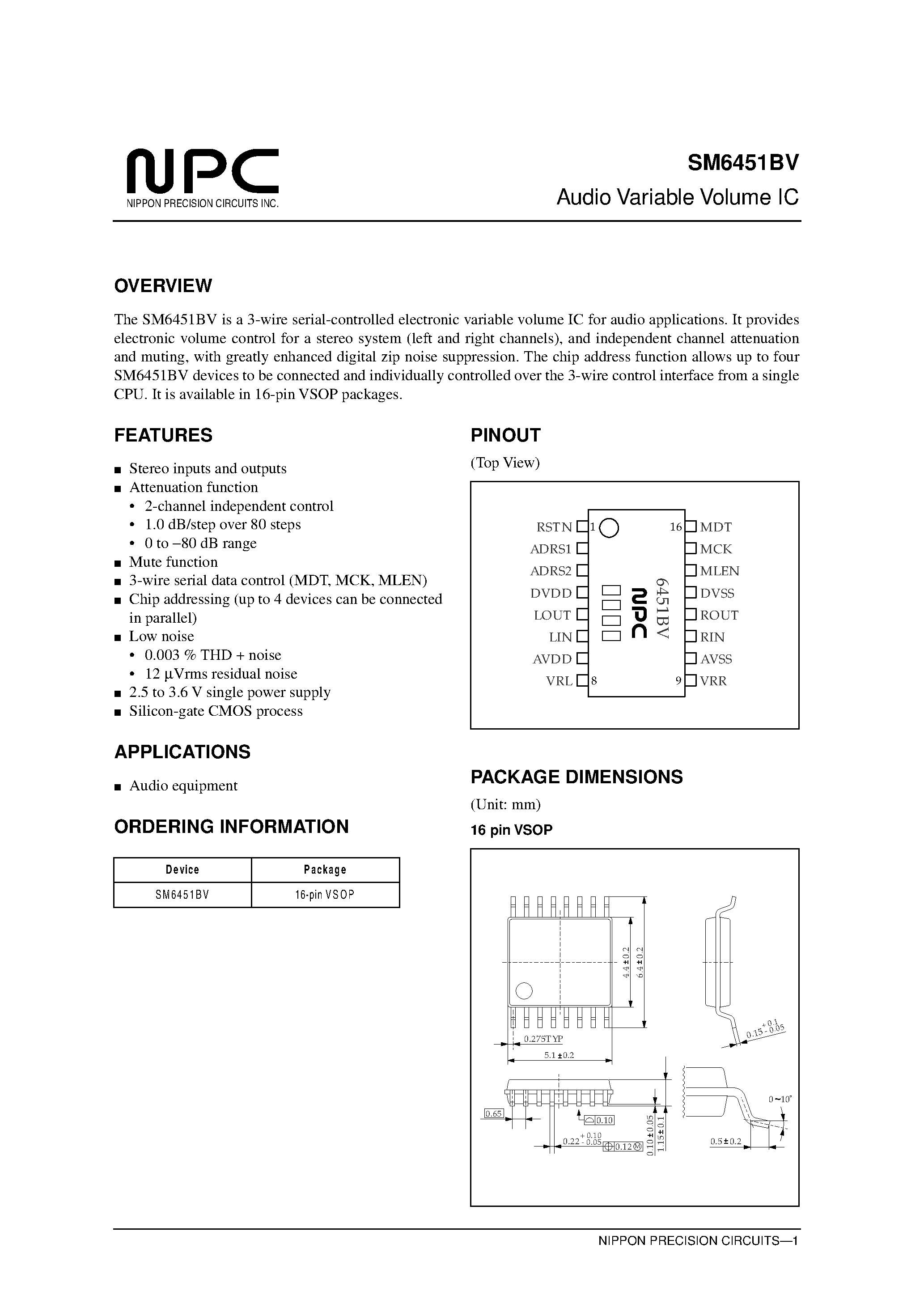 Datasheet SM6451 page 1 Datasheet SM6451 - Audio Variable Volume IC page 1